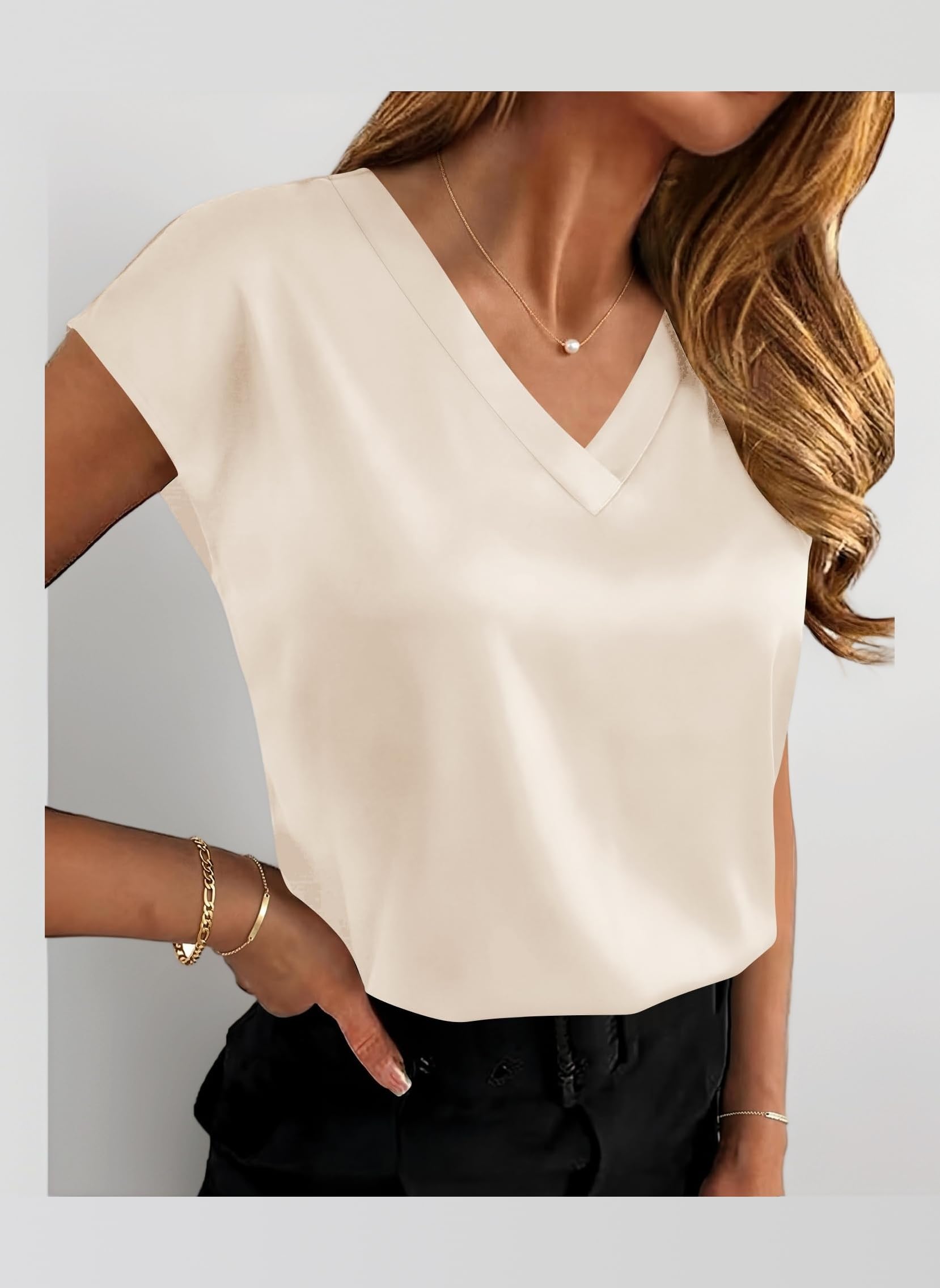 Womens Satin Blouse V Neck Cap Sleeve Tshirts Summer Silk Solid Tops