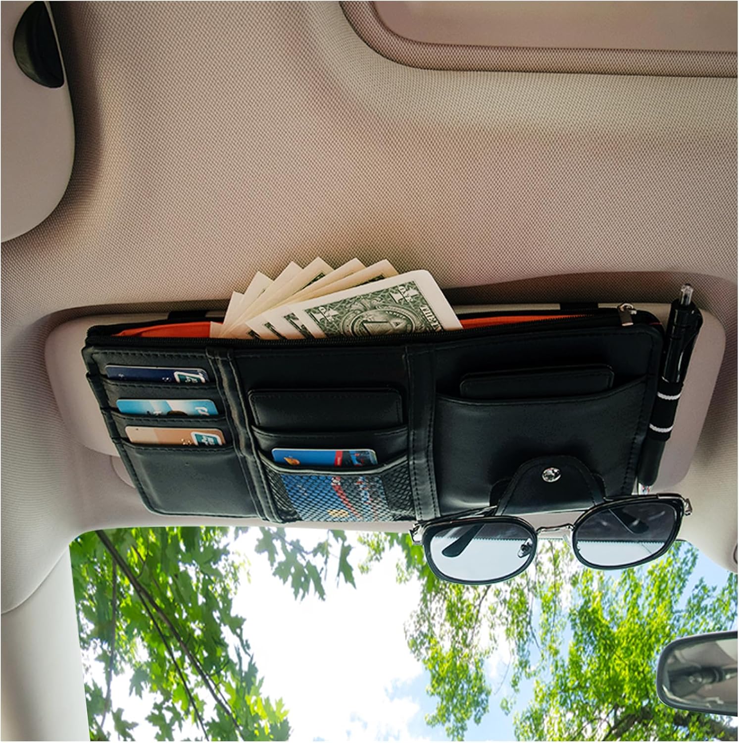 LFNOWN カーアクセサリー カーサンバイザーオーガナイザー サングラスホルダー 車用サンバイザー チケットカードクリップ 眼鏡マ