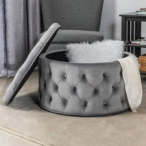 Miniatura 16 de Homebeez Otomana redonda de terciopelo para almacenamiento, reposapiés con botones copetudos, mesa de café (rosa) Rosa,Azul,Verde,Gris,Gris