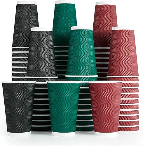 MUCHII Tazas de café de papel de 16 onzas, 90 tazas de café desechables multicolores, tazas de café caliente de papel ondulado aislado para café,
