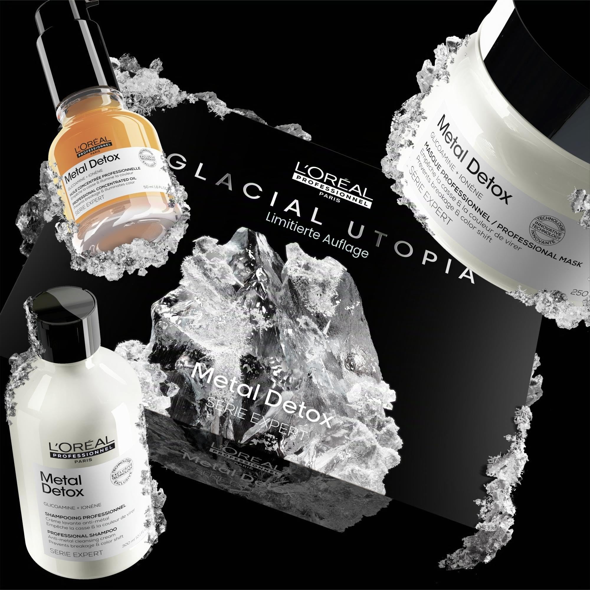 L'Oréal Professionnel, Metal Detox Geschenkset, Antimetall-Routine, geschädigtes & brüchiges Haar, Trio Shampoo + Maske + Öl, limitierte Edition Expert