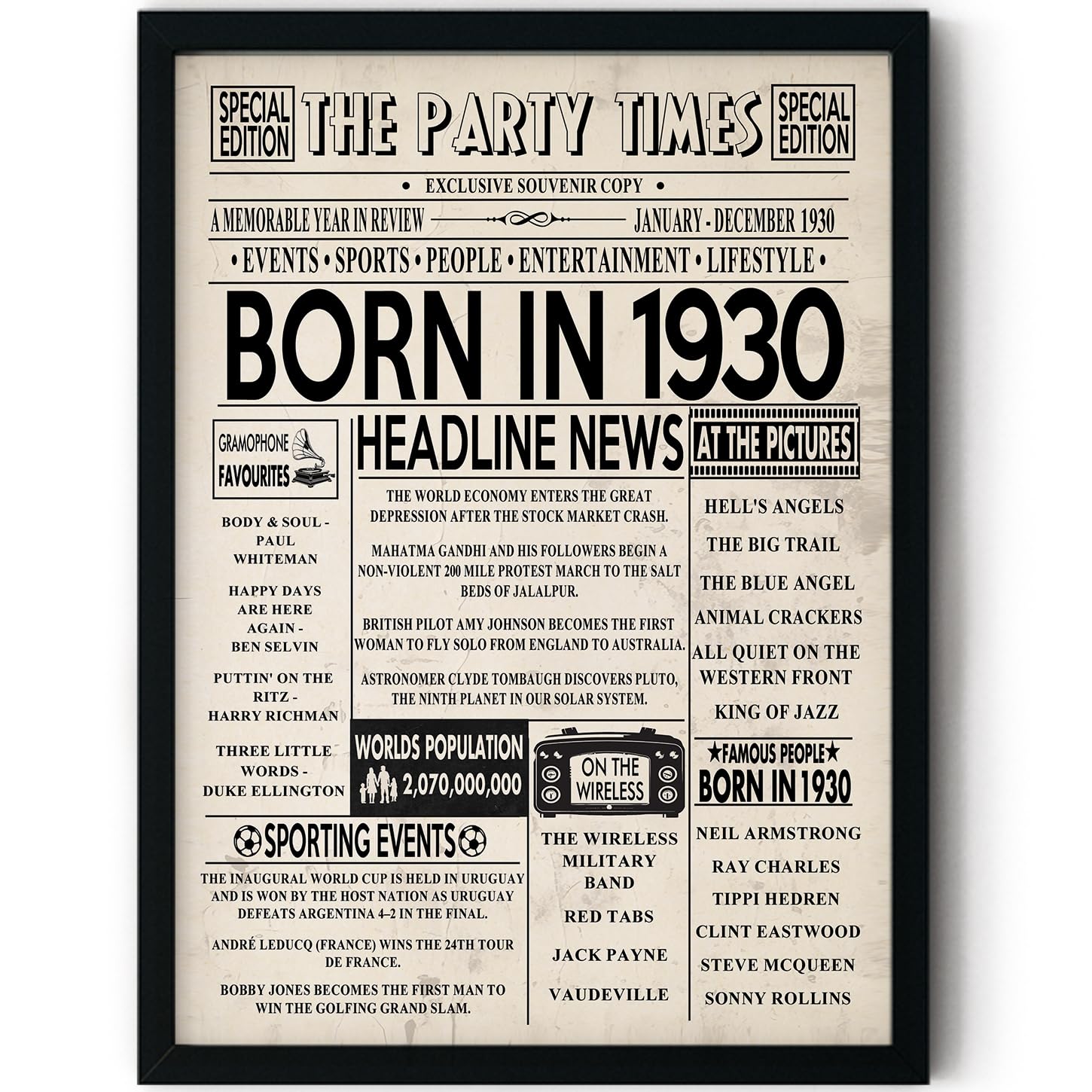 Stuff4 Goldenes 95. Geburtstag Poster - Zeitungsdesign "Born In 1930" Im Schwarzen Rahmen