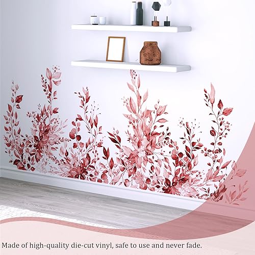 Miniatura 6 de Calcomanías de pared de hojas y plantas rojas burdeos, calcomanías de vinilo de flores grandes, calcomanías de pared de vid extraíble, decoración