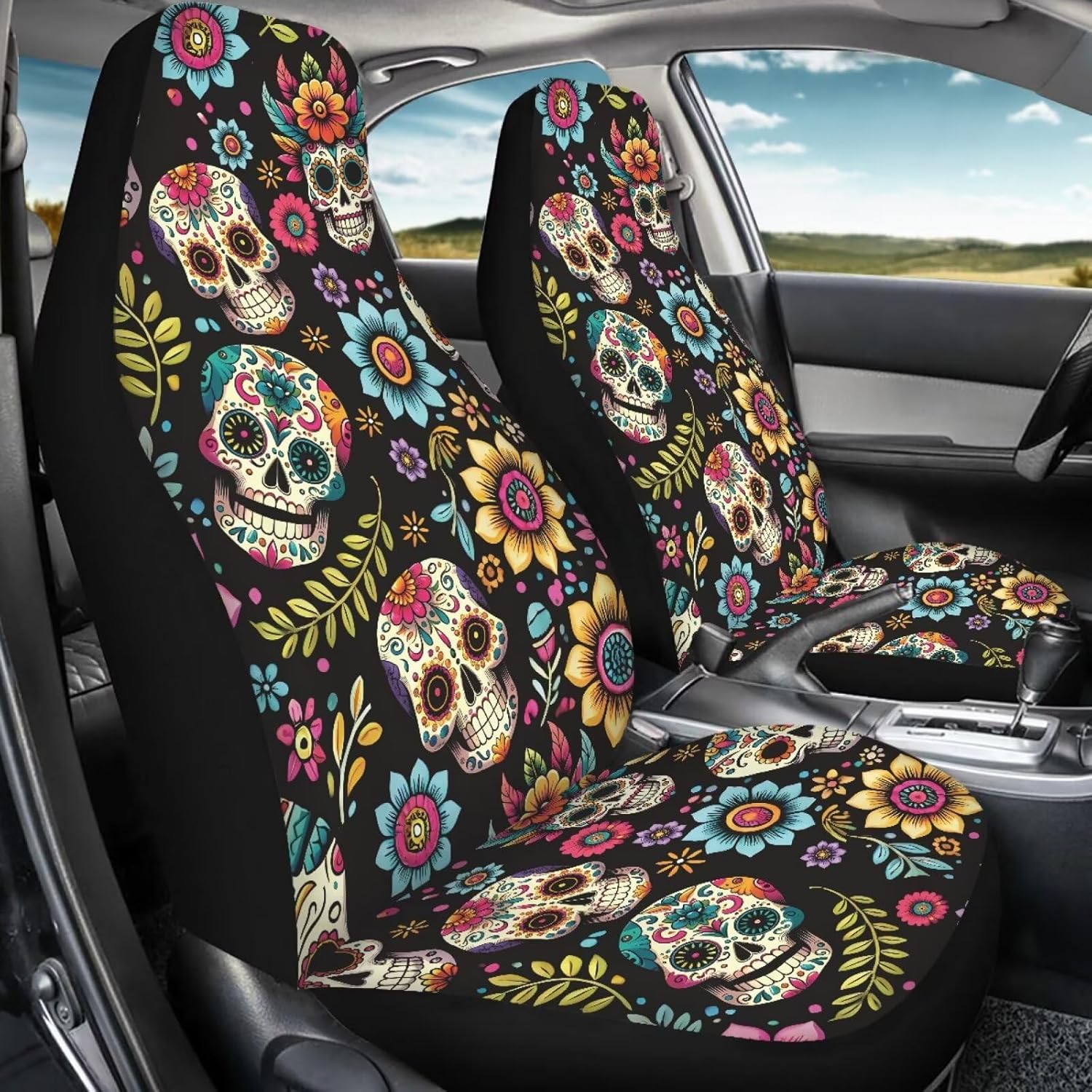 Skull Skeleton Car Seat Covers Set of 2 Pcs Hippie Skull Floral Car Accessories for Women Men Universal Auto Front Seat Protector Stretchy Driver Seat Covers Blanket Travel Pet Rug