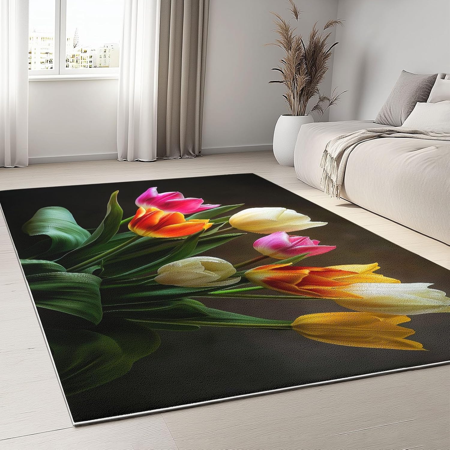 Tapis imprimé floral 120x180 cm poils courts lavable pour salon et chambre