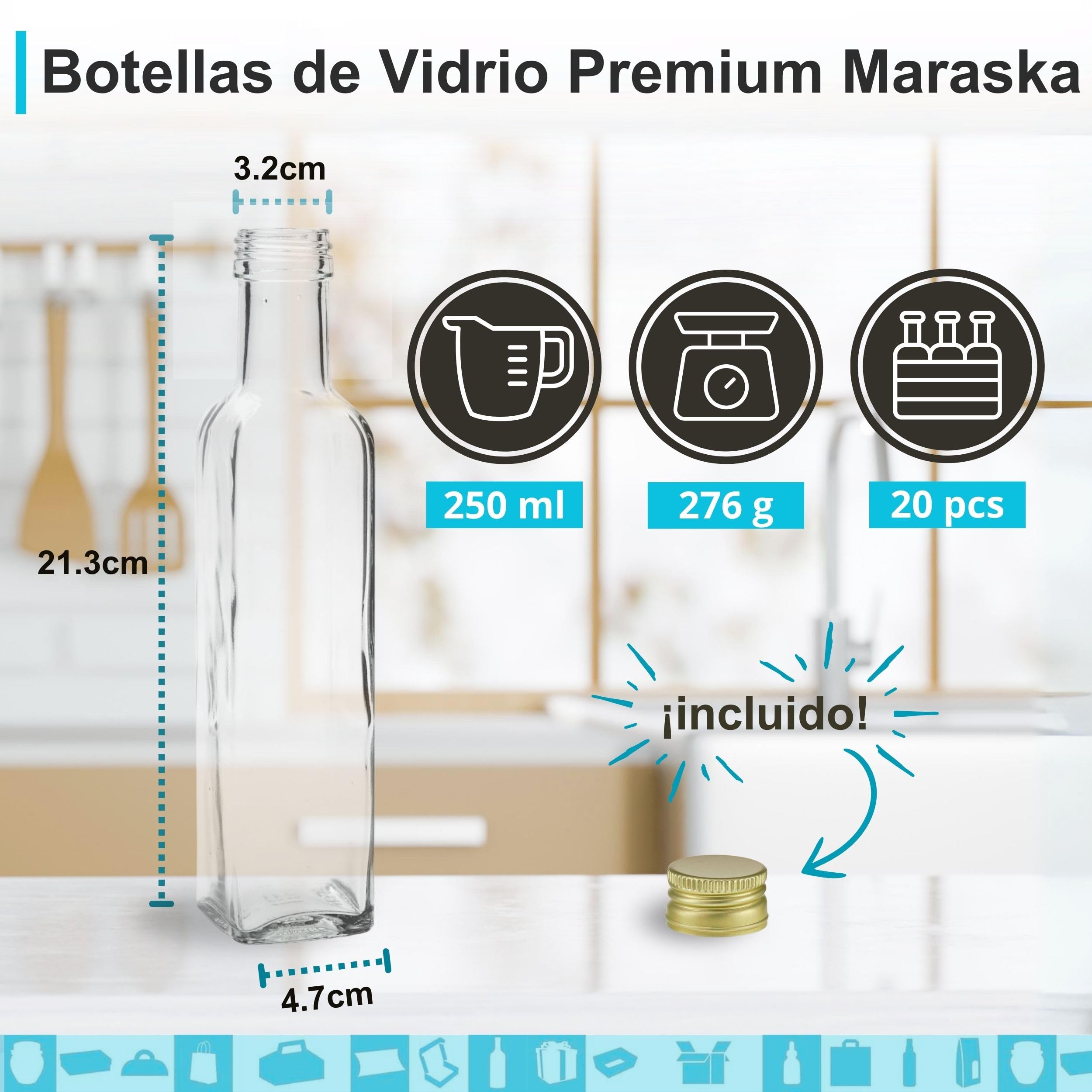 Espirito Rebelde 20x Botellas de Cristal Transparente 250ml com Tapas (Quadrado) Botella Cristal Aceite y Vinagre