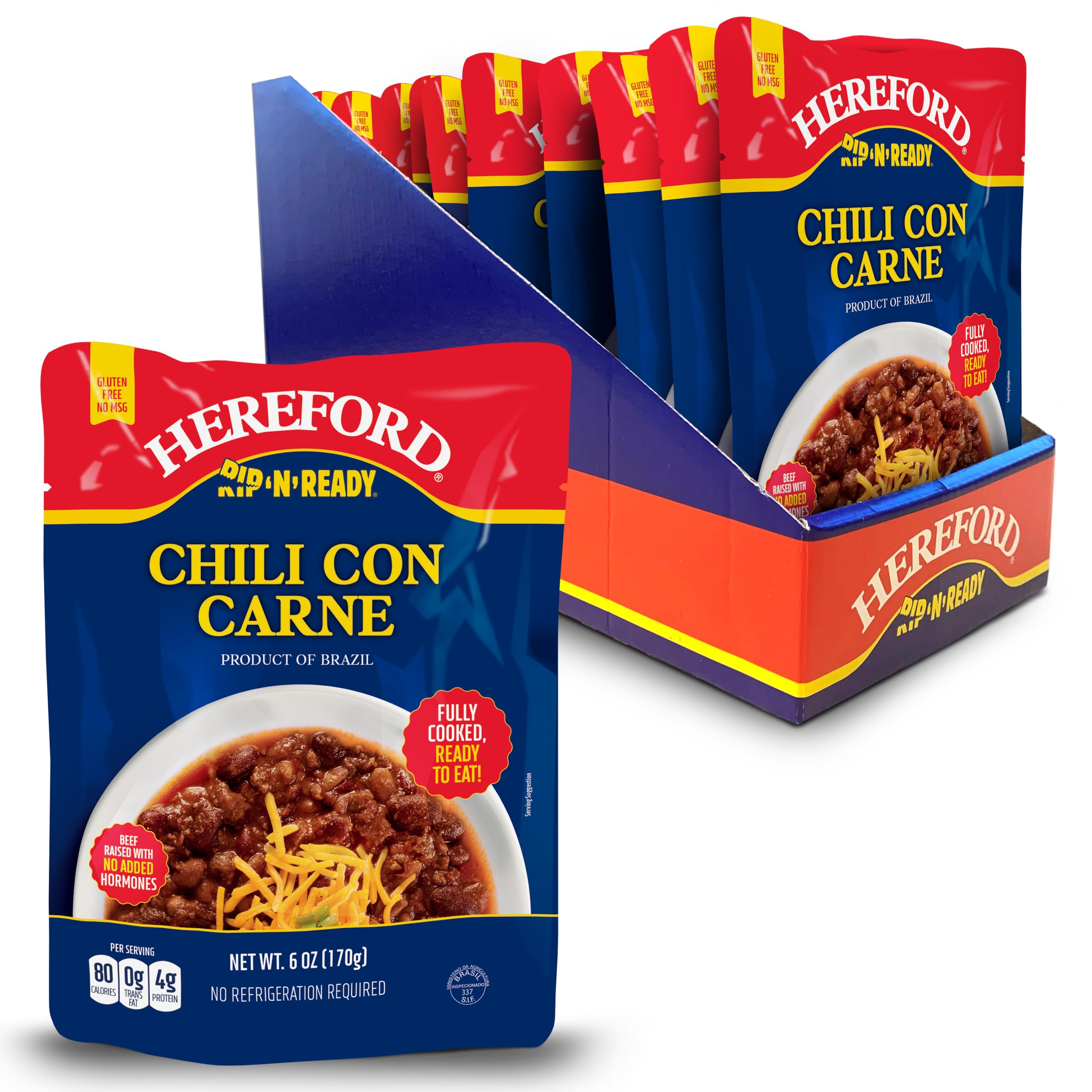 Hereford Chili con Carne | Shelf Stable | Halal | Fully Cooked | Ready-to-Eat | 4g of Protein per Serving | 6oz per Pouch (Case of 12)