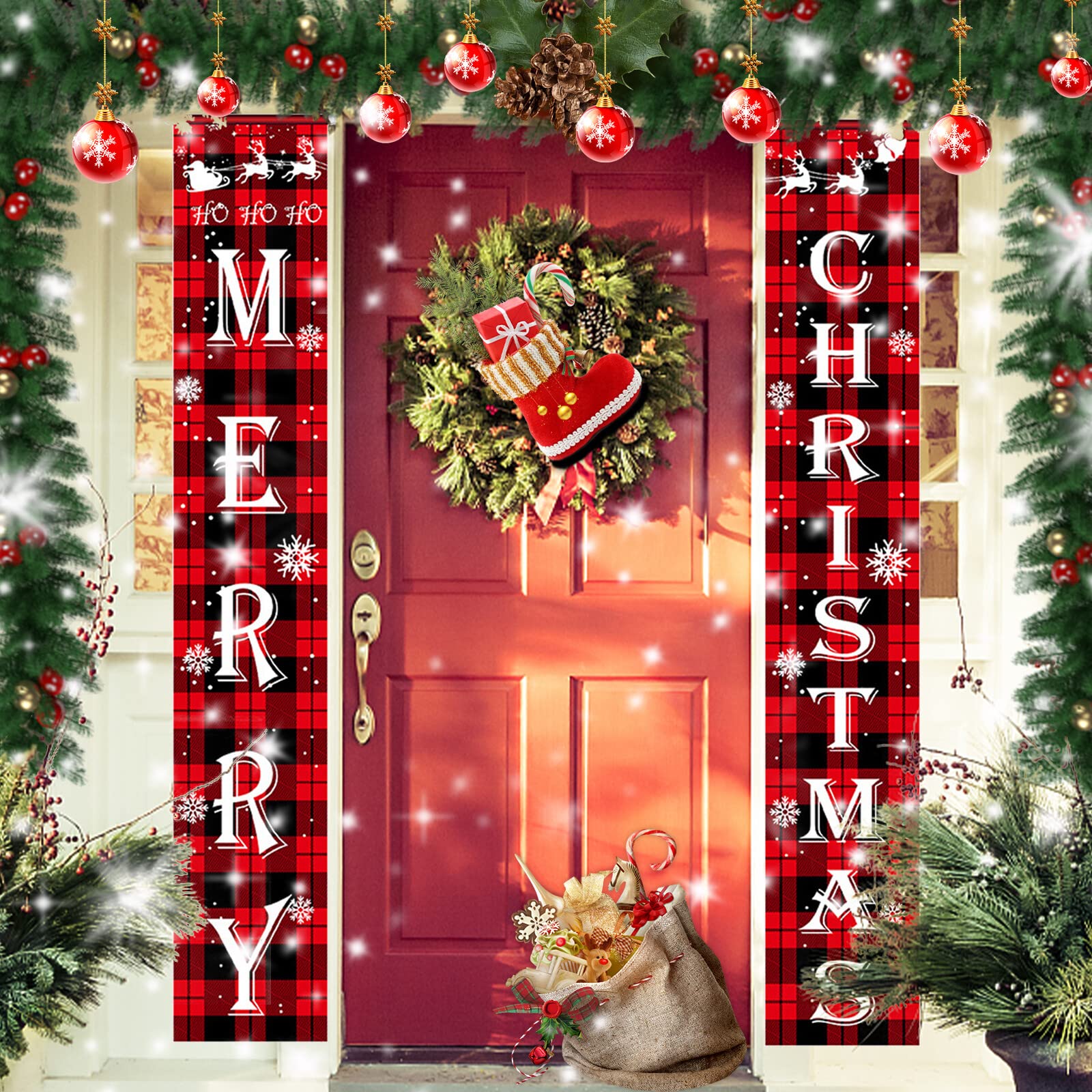 Weihnachts-Türdekoration Set Buffalo Plaid – 2 Große Banner 180x33 Cm Für Haus, Garten & Veranda