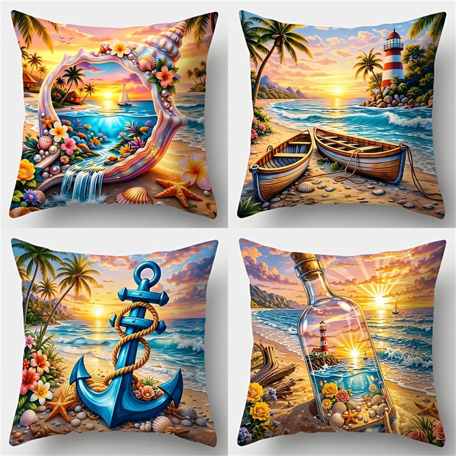 Fundas de Cojines 70x70 cm, Juego de 4 Fundas para Cojines Decorativas de Lino, Paisaje Tropical, Fundas de Almohada para Sofá, Silla y Decoración de Interiores