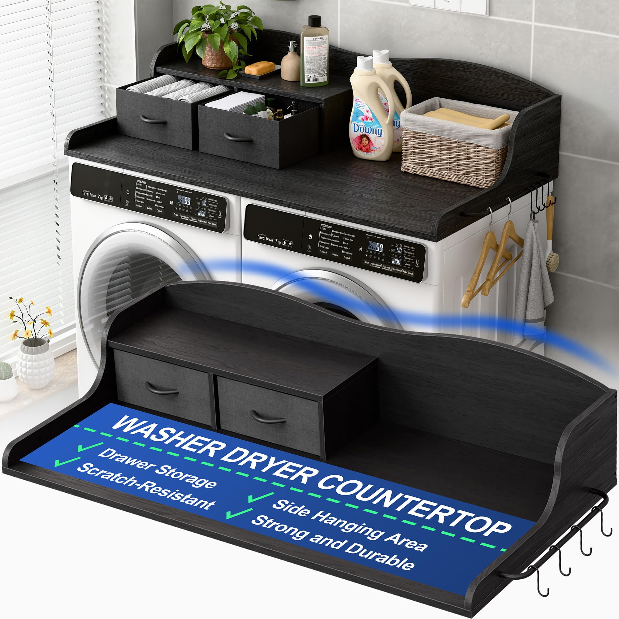 2-Tier Washer Dryer Countertop, Laundry Room Organizer with Drawers &amp; Side Hanging Rod, Wave Design Washer Top Shelf for Folding Clothes and Storage, Laundry Countertop Cover with Hooks
