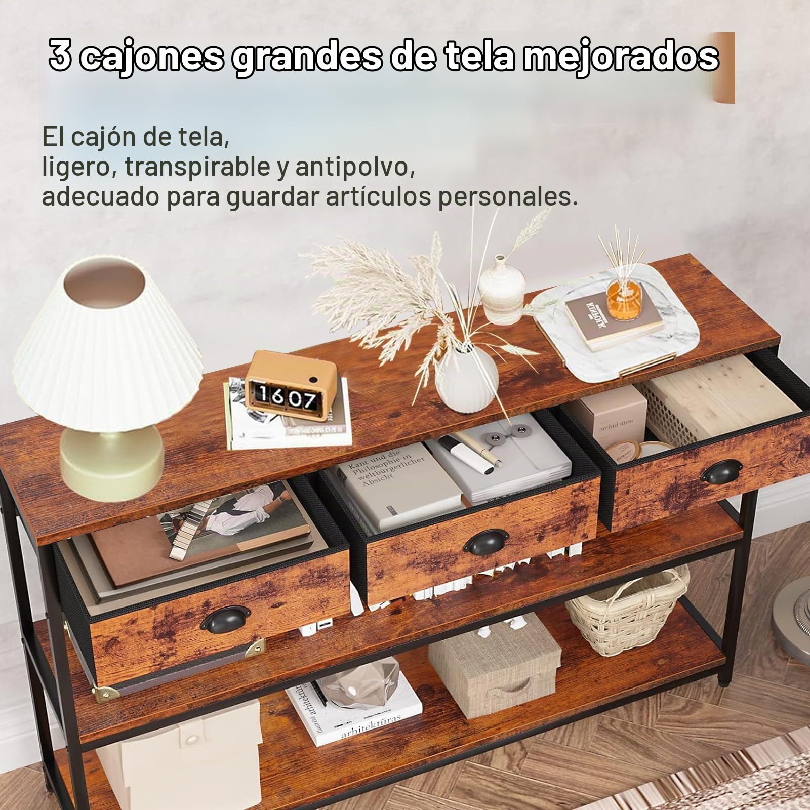 Consola Recibidor con 3 Cajones de Estilo Industrial | 120 × 29 × 77 cm, Marrón Vintage, Ideal para Recibidores, Pasillos, Salones, Cocinas o Junto al Sofá