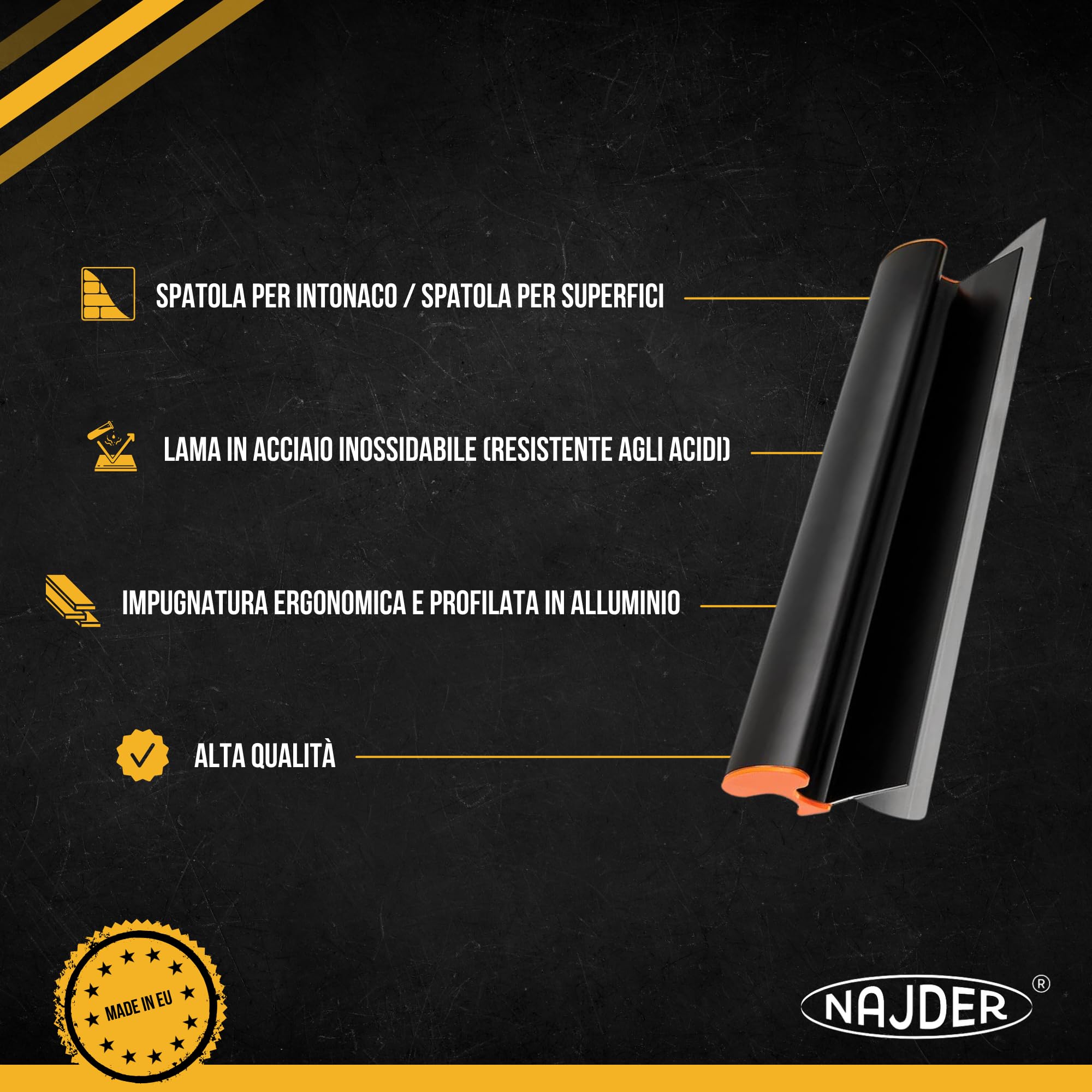 NAJDER Spatola per stucco, coltello per gesso SOLID PROFESSIONAL, spatola per intonaco, acciaio inox 0,3 mm 800 mm, professionale, ideale per intonacare, alta qualità