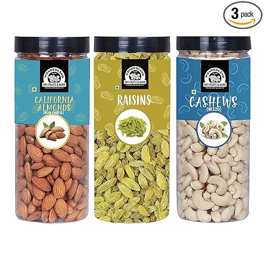 Wonderland Foods Healthy Dry Fruits Combo Pack 1.5Kg (500g X 3) | Almonds (NP), Cashews (W-320), Long Green Raisins Jar | Nutritious & Delicious High in Fiber & Boost Immunity