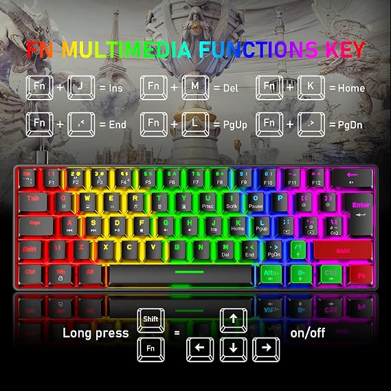 T60 UK Layout 60% Mechanical Keyboard and Mouse Set, Compact 62 Keys Mini Wired Gaming Keyboard 19 Rainbow Backlit + 6400DPI RGB Ultra-Light PC Gaming Mice + Mouse Pad For Laptop/MAC-Black/Blue Switch