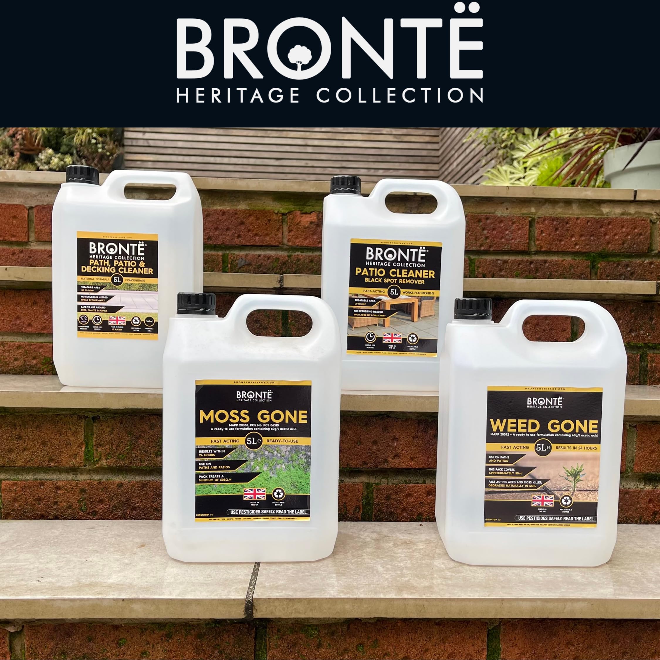 Bronte Heritage Patio Black Spot Remover 5L – Soluzione ad azione rapida per macchie nere ostinate, licheni, muschio e macchie. Non necessita di strofinare, per patio, pavimentazione, vialetti e