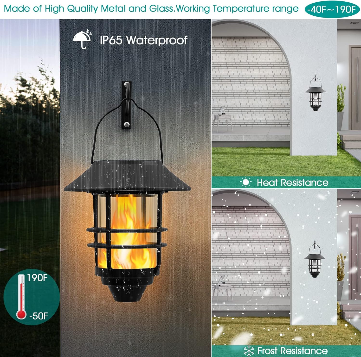 Black Solar Wall Lanterns with Flickering Flames, 2 Pack
