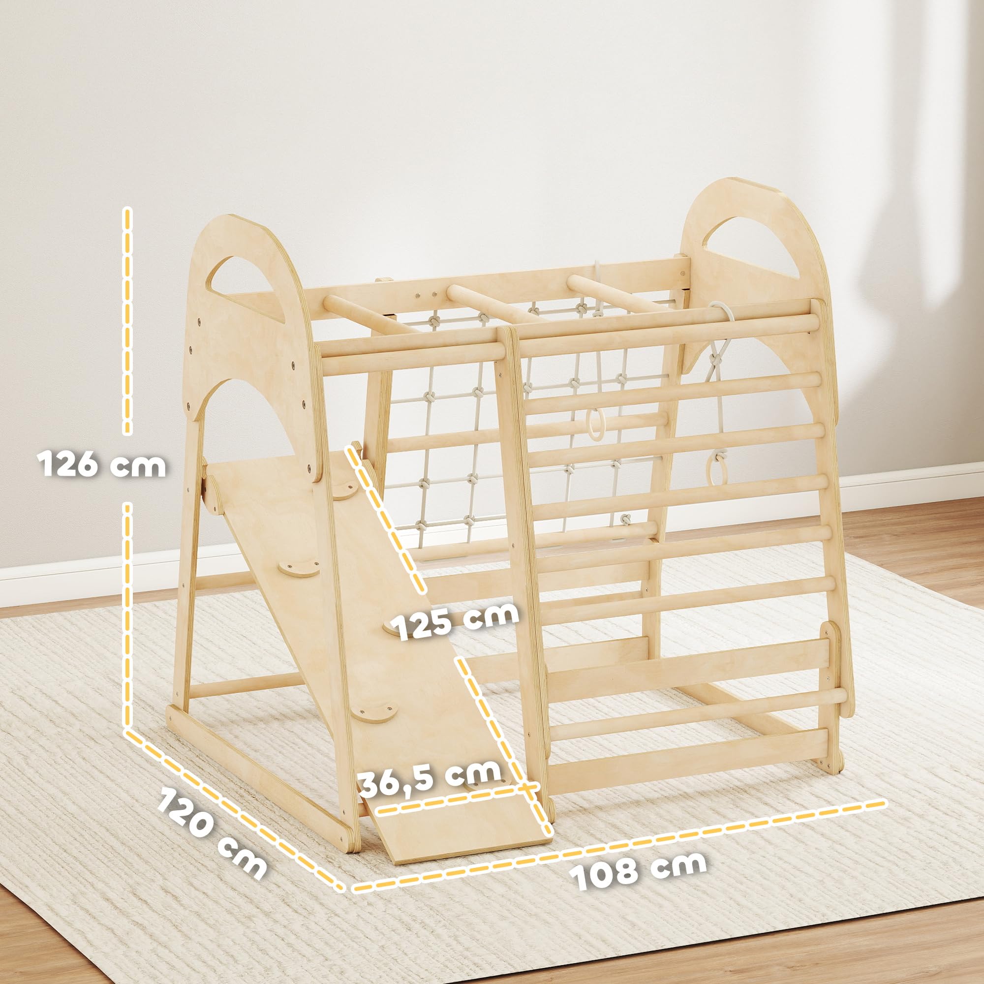 AIYAPLAY 6-in-1 Montessori Klettergerüst Indoor für 3-6 Jahre, Naturholz | Indoor Spielplatz, Mit Rutsche, Kletterstangen, Turnringen, Leiter, Kletternetz, Kletterturm Indoor
