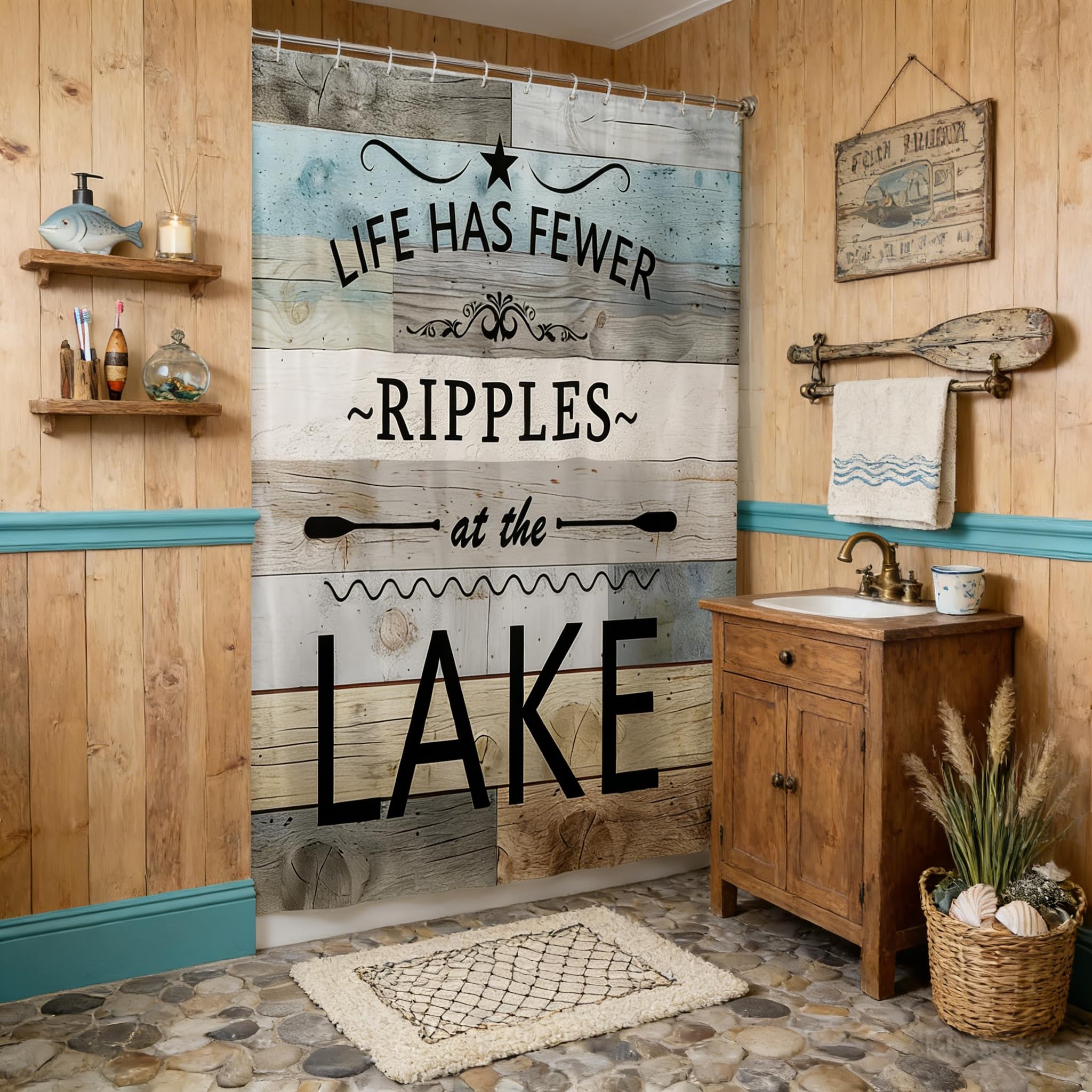 Lake Life Shower Curtain,Inspirational Quotes Print Bath Curtain for Kids Boys,Lakeside Cabin Fishing Camping Waterproof Bathroom Curtain with 12