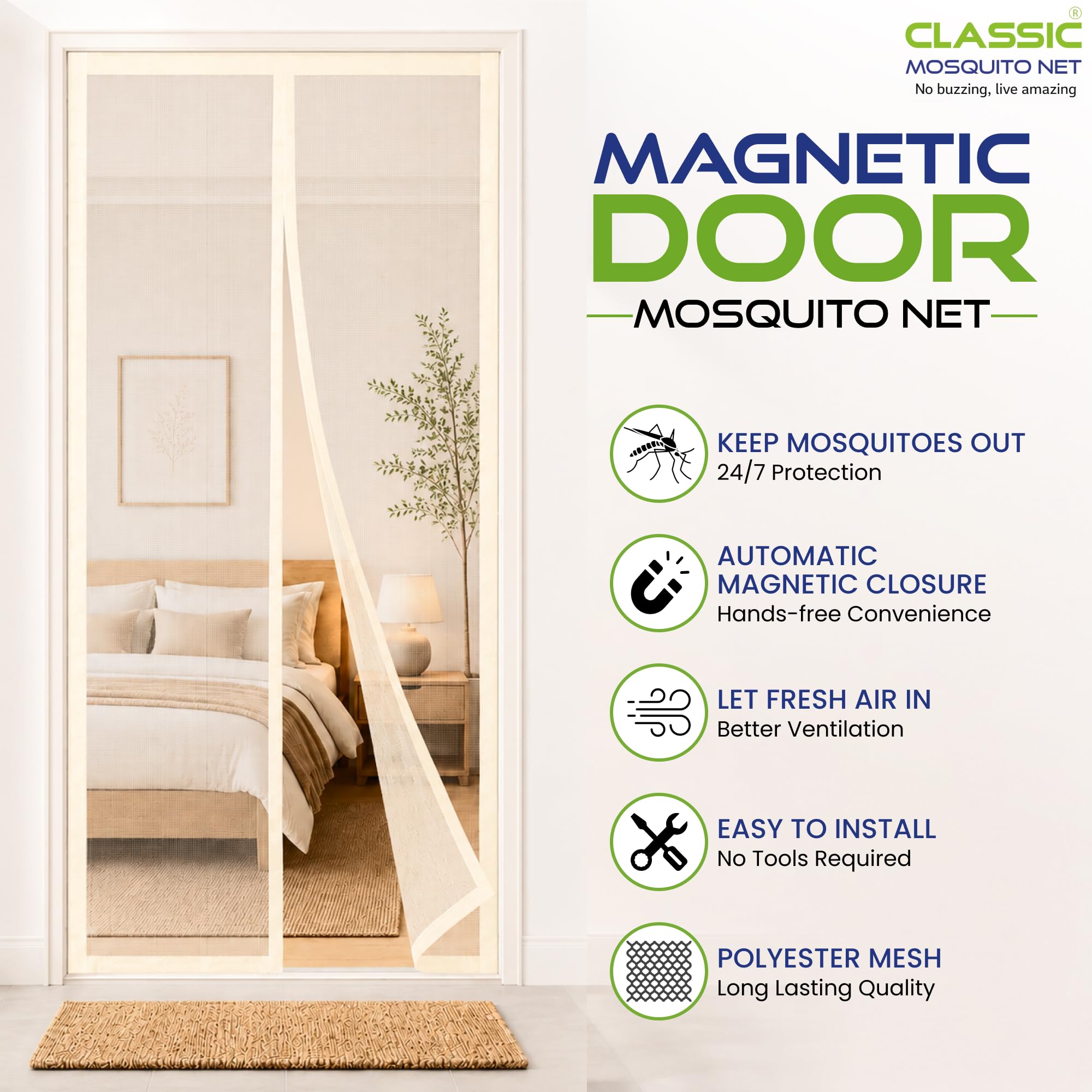 Classic Mosquito Net for Doors with Magnets | Tear-Resistant Fiberglass Mesh | Auto-Close Magnetic Screen Door, Balcony & Kitchen | DIY Installation | Protection Insects (195 x 70 cm,Ivory) 3