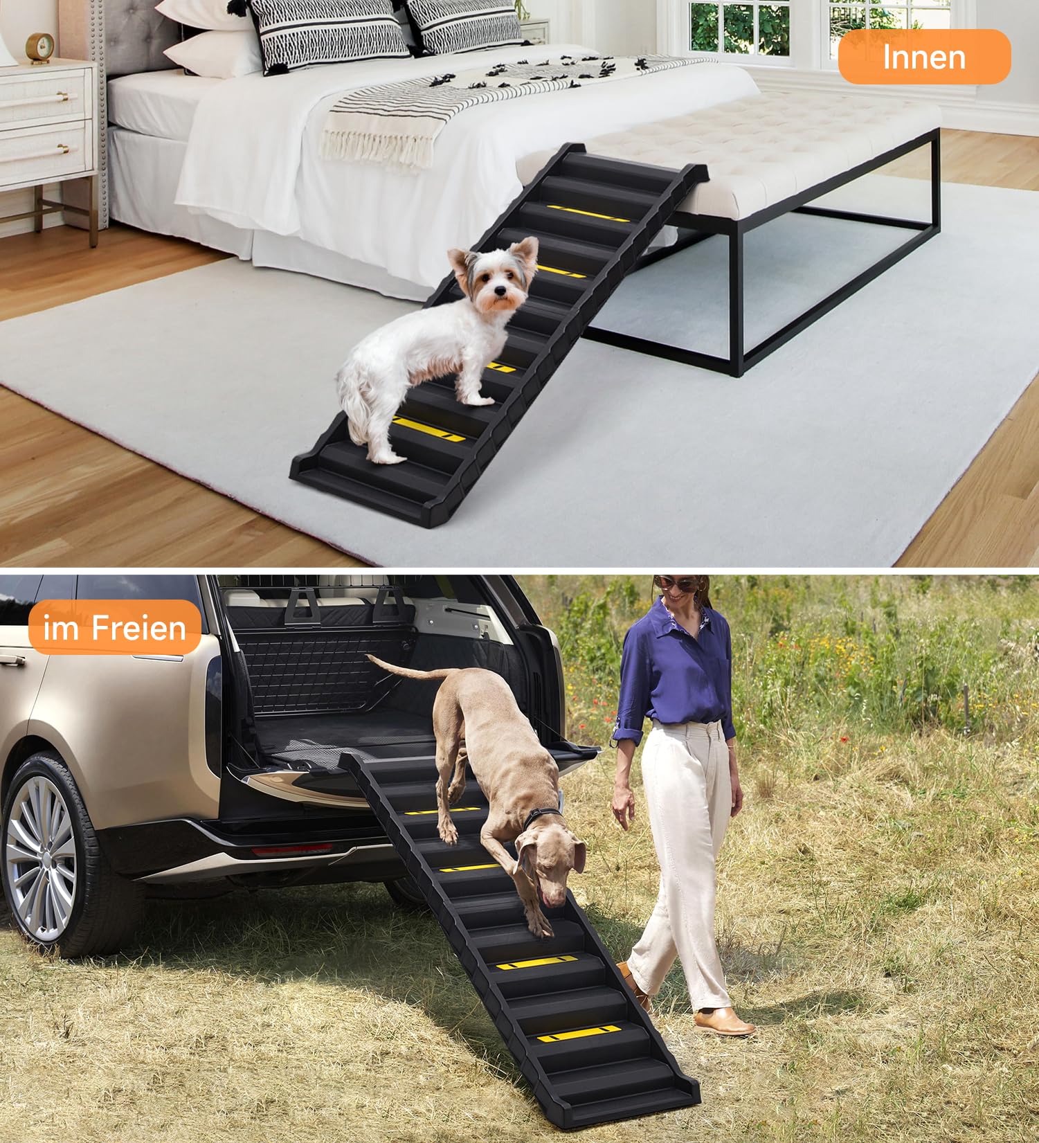 Hunderampe Auto Klappbar, Hundetreppe Für Kleine Große Hunde, rutschfeste Haustiertreppe für Bett, Sofa, Stabile Einstiegshilfe Rampe, Hundetreppe Auto Stufen für Auto Kofferraum bis 75 kg Schwarz