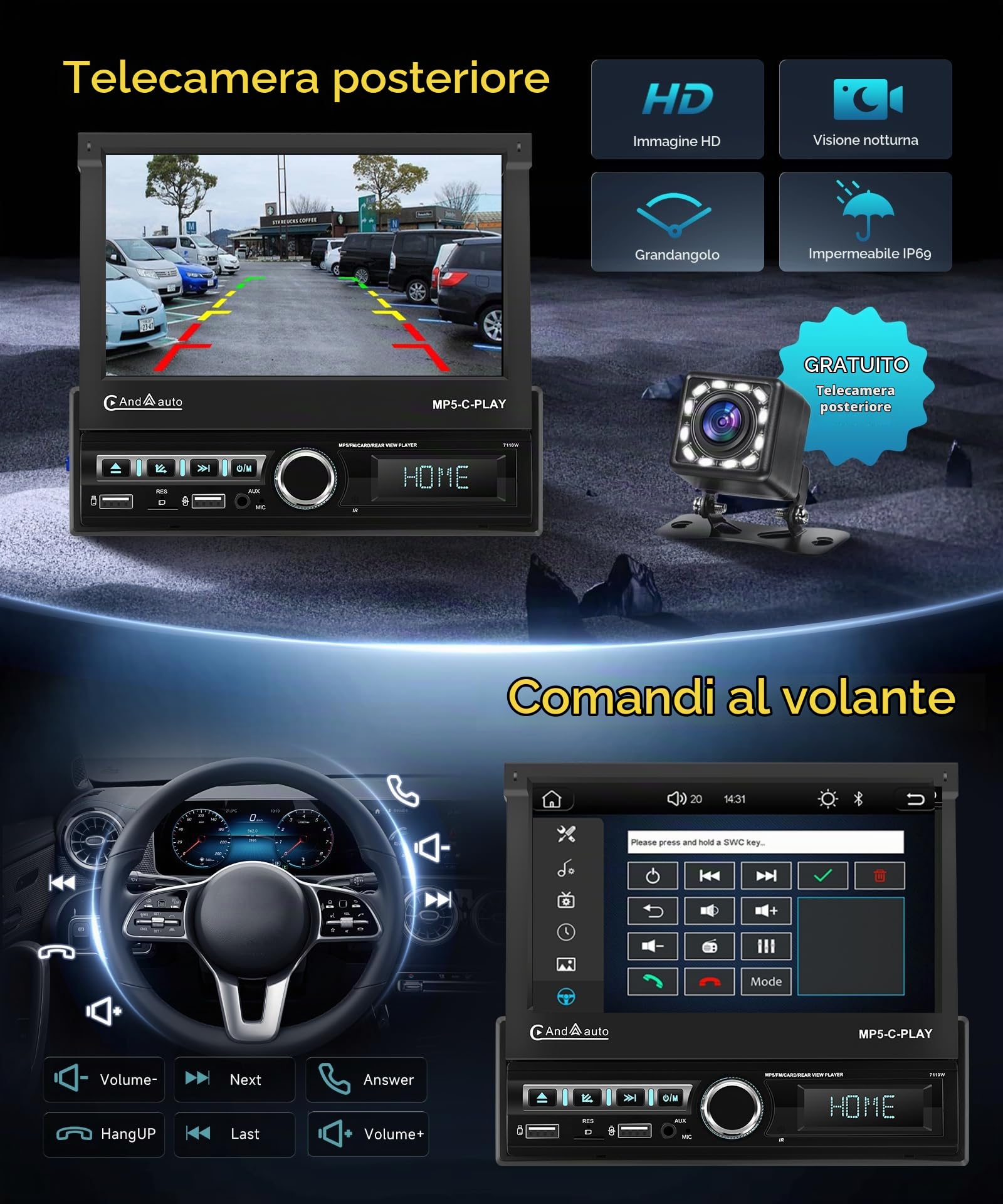 VECHTEL Autoradio 1 DIN Carplay Android Auto Wireless con schermo da 7 pollici retrattile elettricamente,radio 1 DIN FM con Bluetooth 5.1 GPS/Navi,Mirror Link 2 USB/AUX/SD con telecamera posteriore