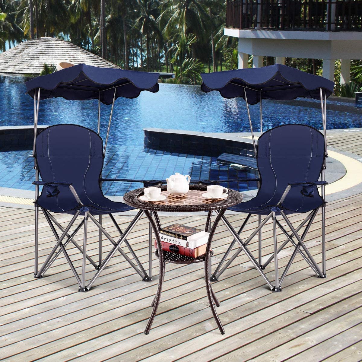 RELAX4LIFE Chaise de Camping Pliante avec Toit Parasol,Porte-Boisson, Chaise de Pêche en Cadre Métallique Charge Max 120 kg pour Camping Pêche Excursion Plage (Bleu)