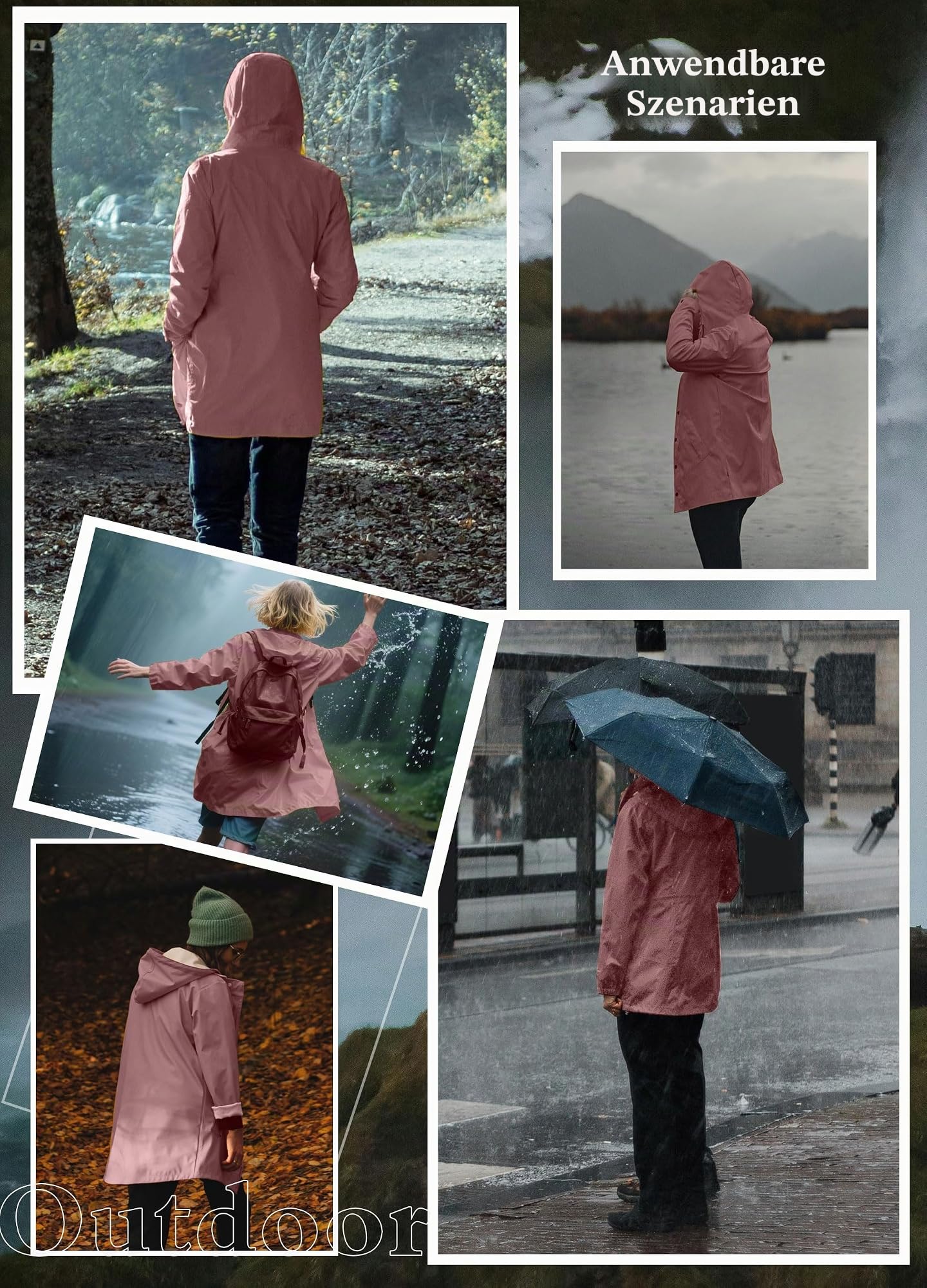 Regenmantel Damen Übergangsjacke PU Wasserdicht Frauen Regenjacke Lang Parka Regenparka mit Kapuze Outdoor S-3XL