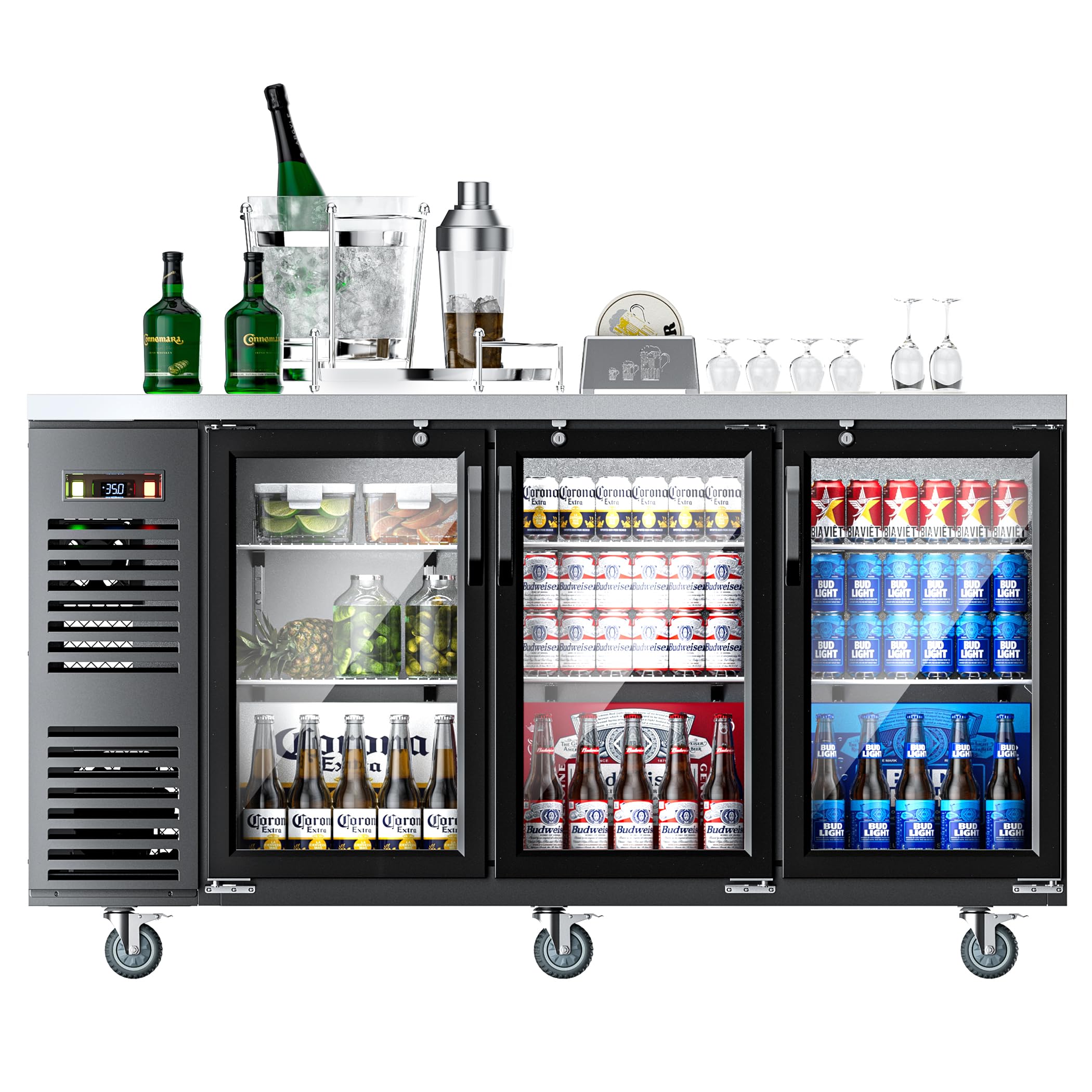 Coolake 72” Commercial Back Bar Cooler with 3 Glass Doors, 24.2 Cu.Ft. Stainless Steel Top Back Bar Refrigerator, 33-41℉ Counter Height Back Beverage Refrigerator for Bar Restaurant Office