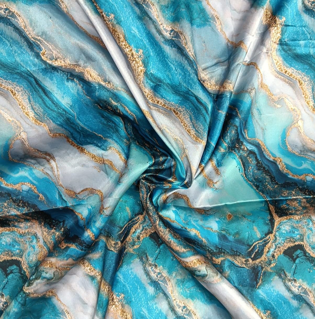 Satin Silk Unstitched Fabric for Kurta & Kurti, Sky Blue & Teal with Gold Accents, Digital Print Marble Pattern, 2.5 Mtr-image-0