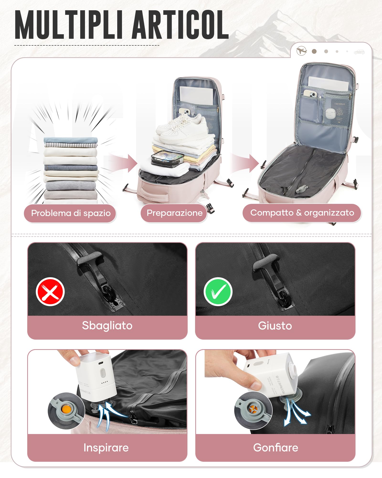 Zaino Sottovuoto Viaggio Ryanair 40x30x20 Zaino da Viaggio Aereo Bagaglio a Mano con Sottovuoto Zaini Easyjet 45x36x20 Vacuum Backpack con Porta Scarpe(Rosa)