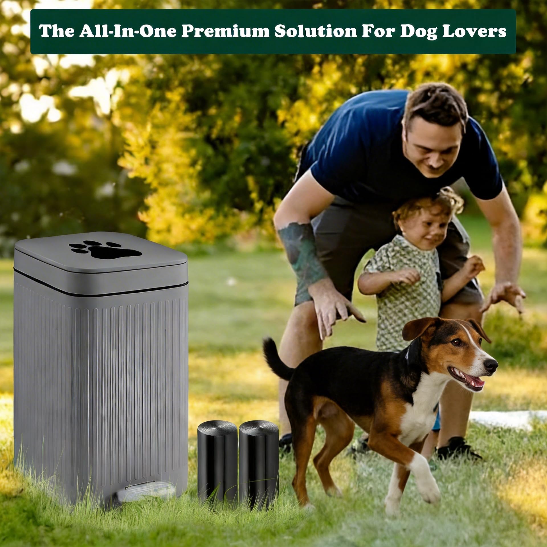 Cubo de basura para excrementos de perro en el exterior, cubo de 5 litros con tapa, pedal de pie, contenedor de residuos para perros con 40 bolsas, tapa de cierre suave para mascotas (cubo