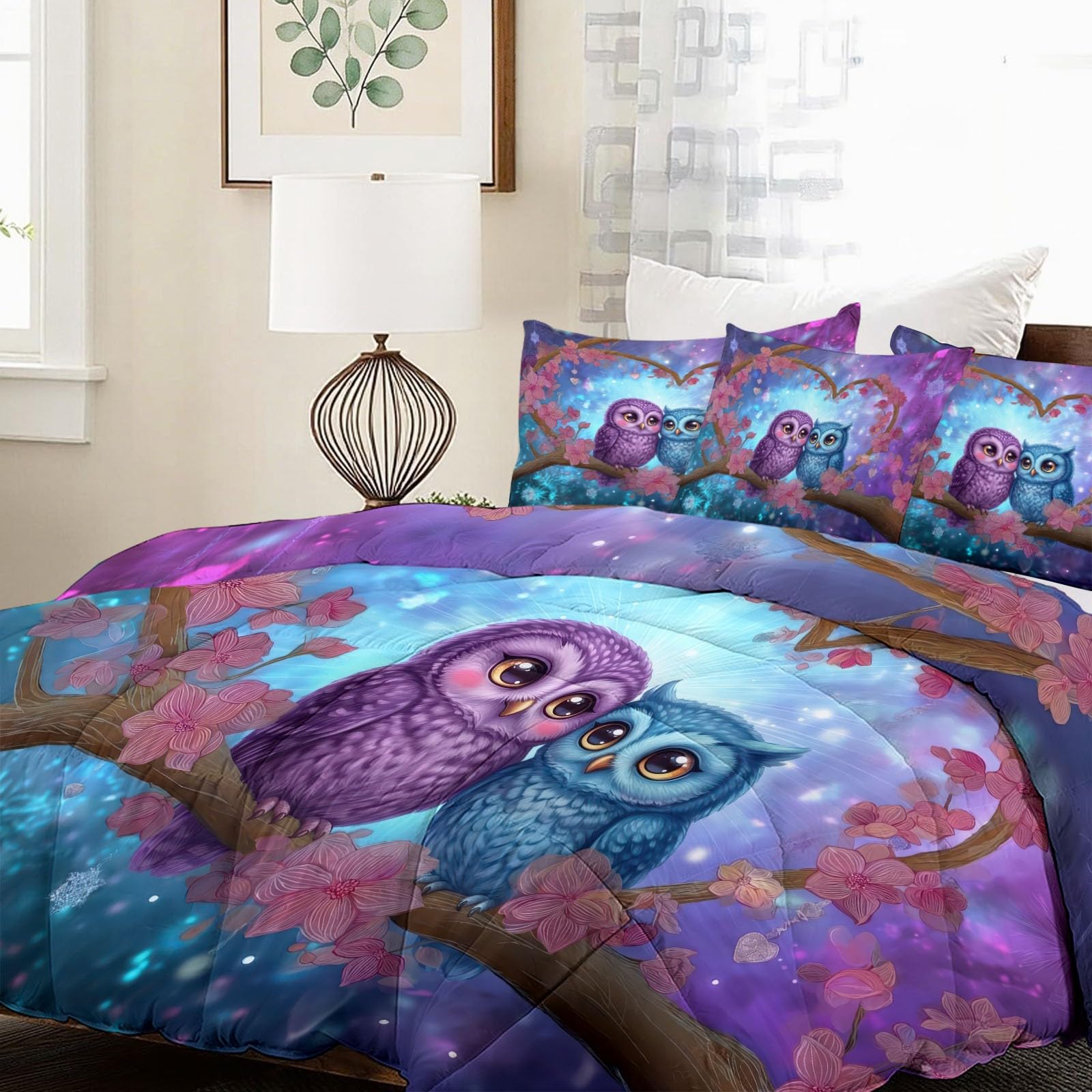 Generisch 200 x 200 cm 4 Jahreszeiten Bettdecke ohne Bezug, Fantasy Sternenlicht Steppdecke, Waschbar Atmungsaktiv Weiche - Tiere Eulen Pärchen Blumen Herzform Sommerdecke für Allergiker