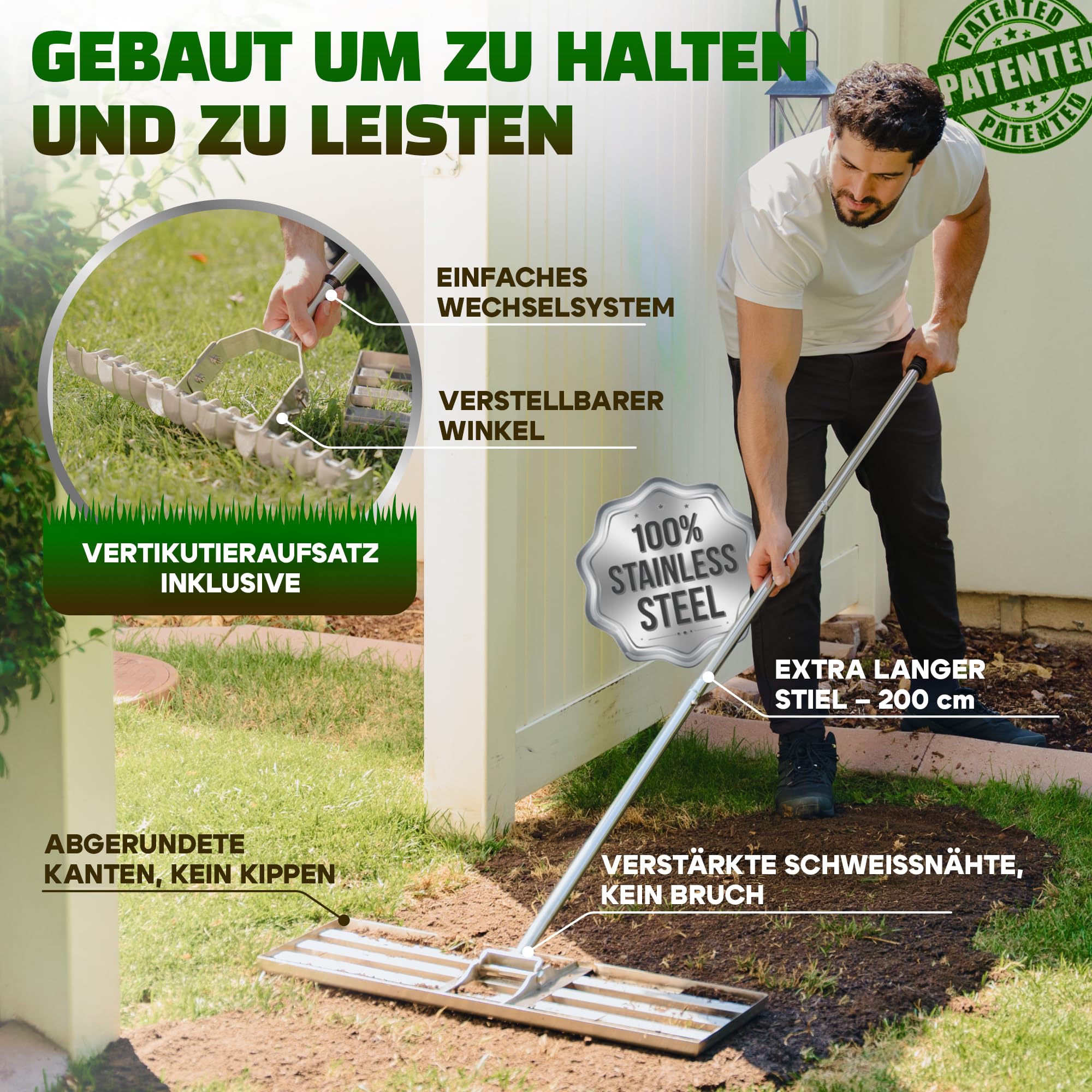 2in1 RasenRakel Edelstahl 80x30cm + vertikutierer Hand Rasen rake