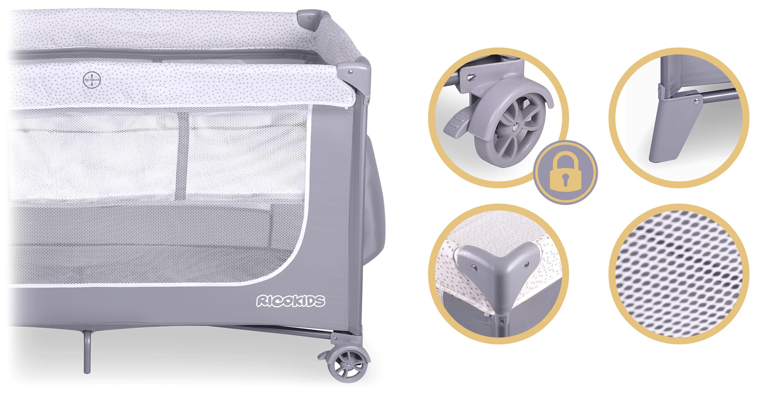 Ricokids Łóżeczko turystyczne dla niemowląt z materacem 123,5 x 65 x 76 cm do 15 kg 2 koła z hamulcami Szare