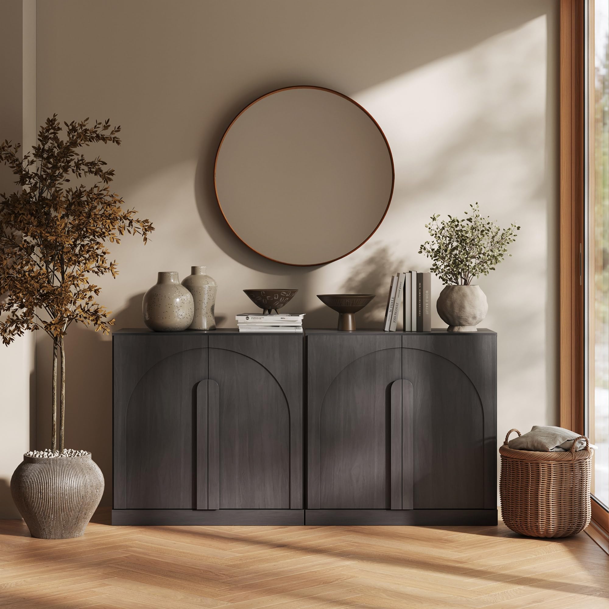BELLEZE 65 Inch Fluted Buffet Cabinet with Storage, Symmetrical Arc Accent Sideboard Large Console Table for Dining Room, Kitchen, and Living Room (Camel) — view 18
