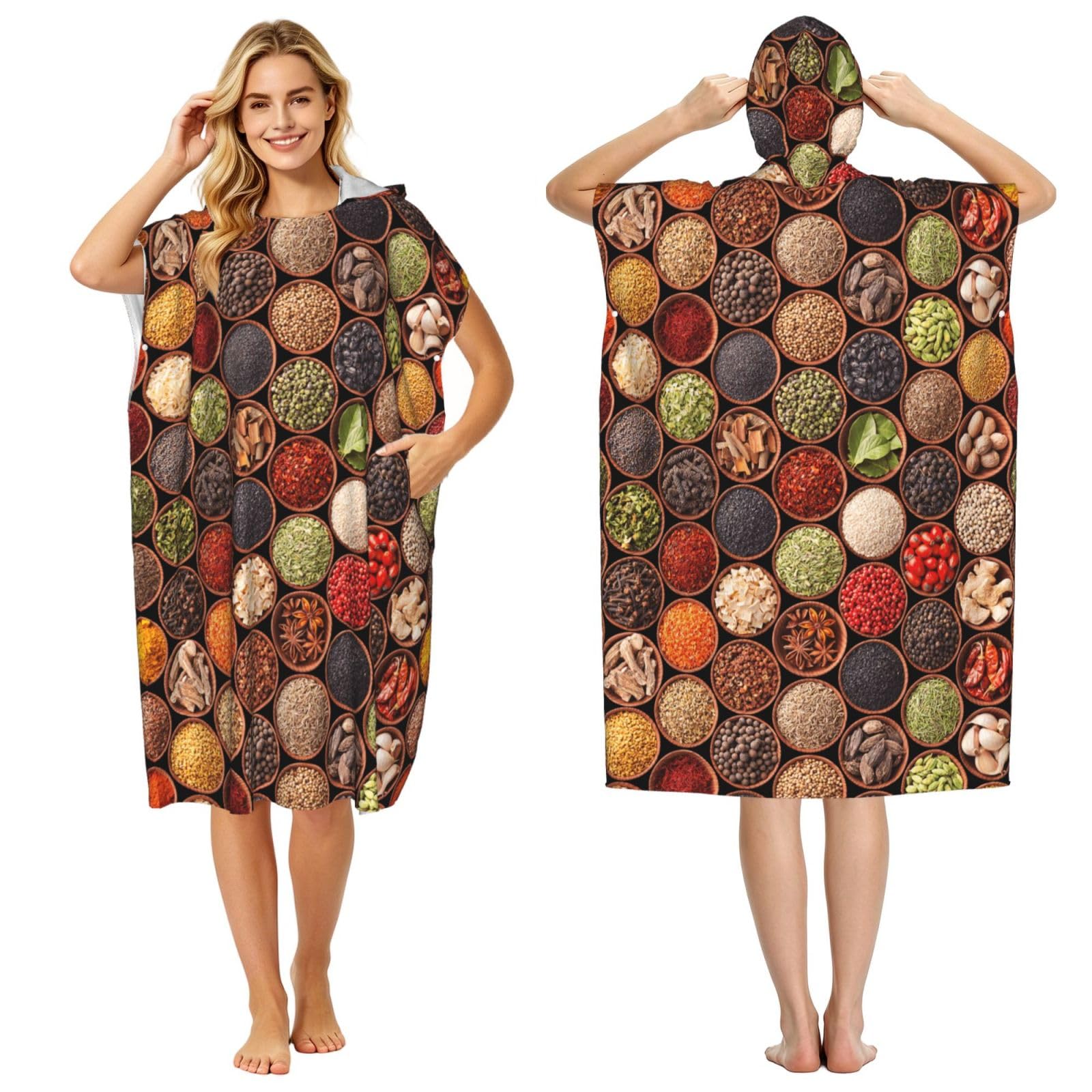 Poadnly Colorful Spices And Herbs, Adult Hooded Beach Towel 90 x 110 cm,Changing Bath Robe, Surf Poncho Towel For Women Men