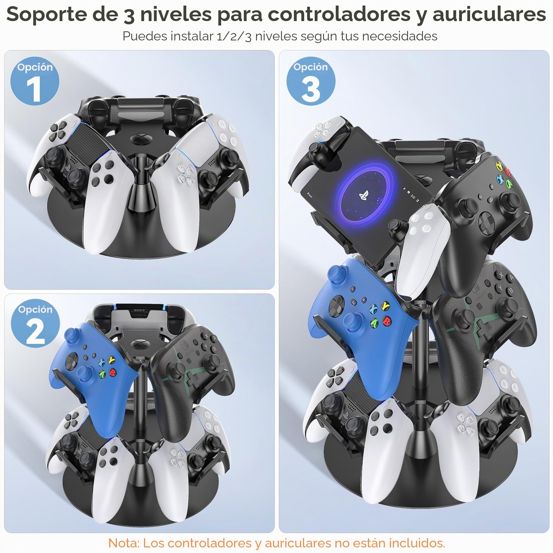 Soporte Mando y Cascos, 3 Niveles Soporte Auriculares para Mesa, 9 de Gran Capacidad para Organizador Mandos, Controller Holder Giratorio para Accesorios Gaming, Fácil de Guardar y Ensamblar, 3 Nivel