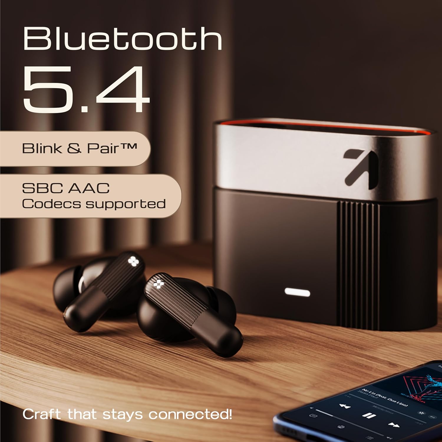GOBOULT Earl TWS Earbuds and charging case, highlighting Bluetooth 5.4 and SBC AAC Codecs support