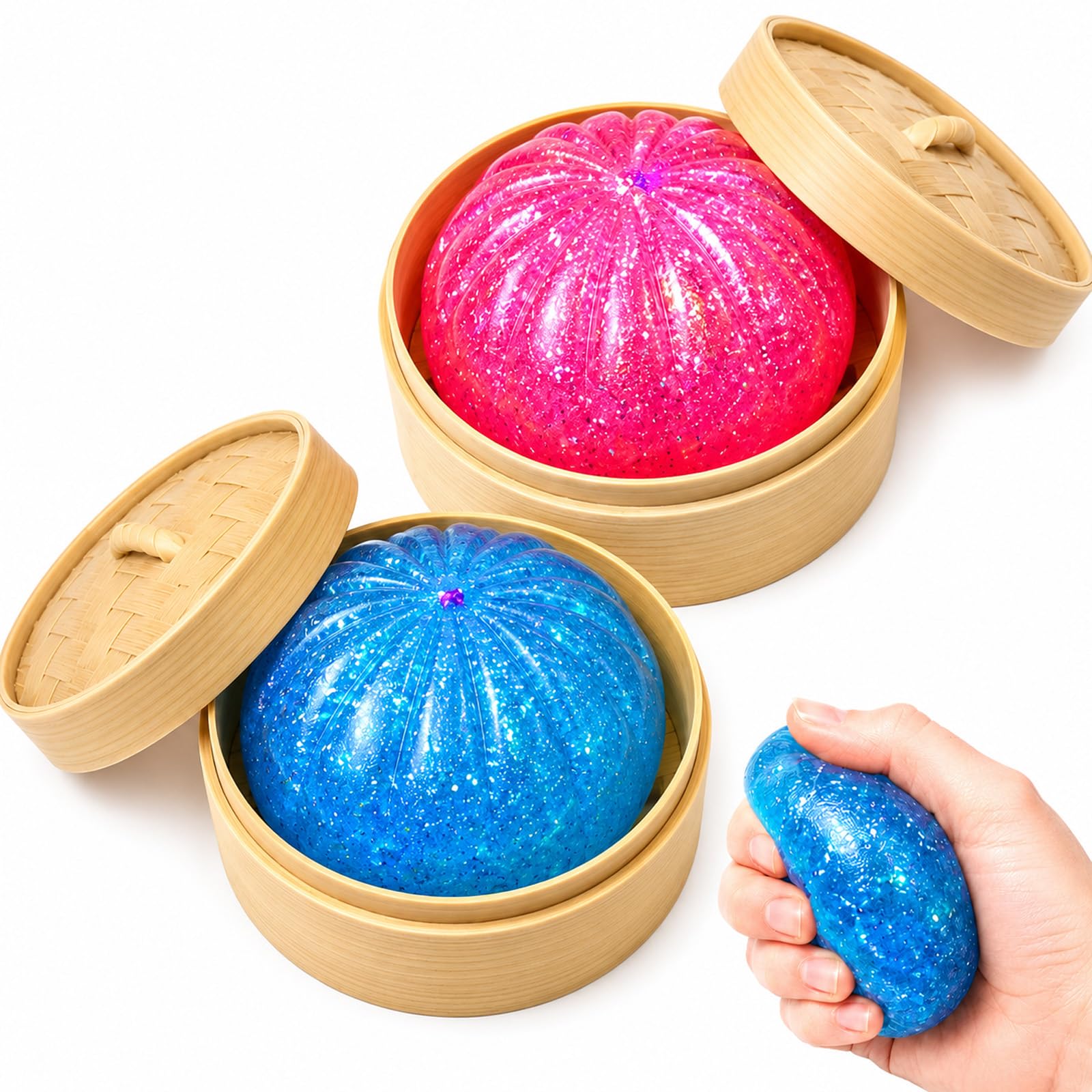 2 PCS Dumpling Squishy, Glitter Dumpling Squishy with Steamer Basket, Collectible Dumplings Set in Blue and Pink Colours