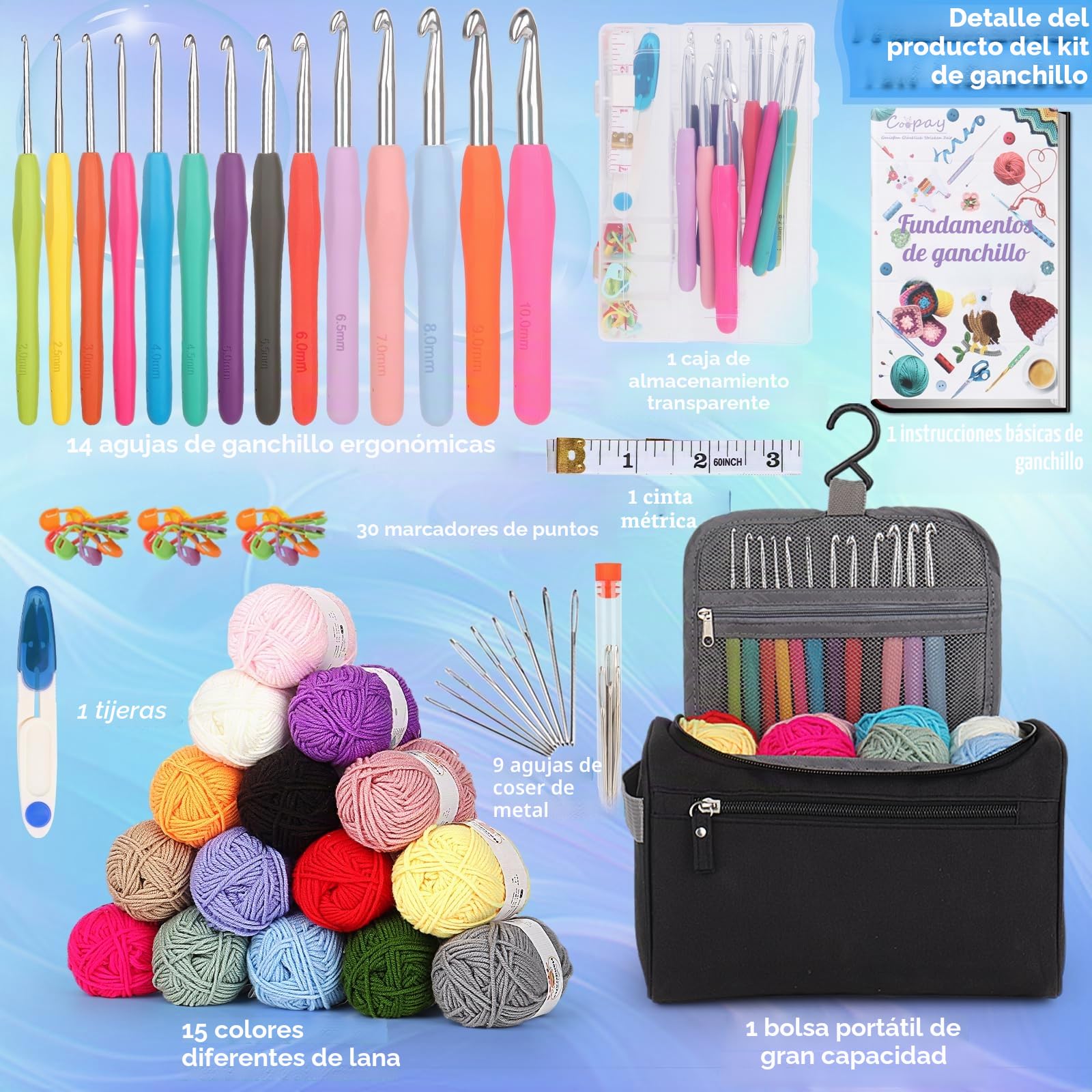 Coopay Set de Agujas de Ganchillo para Principiantes con 15 Lana, Bolsa, Accesorios, 2,0-10 mm, Mango Ergonómico