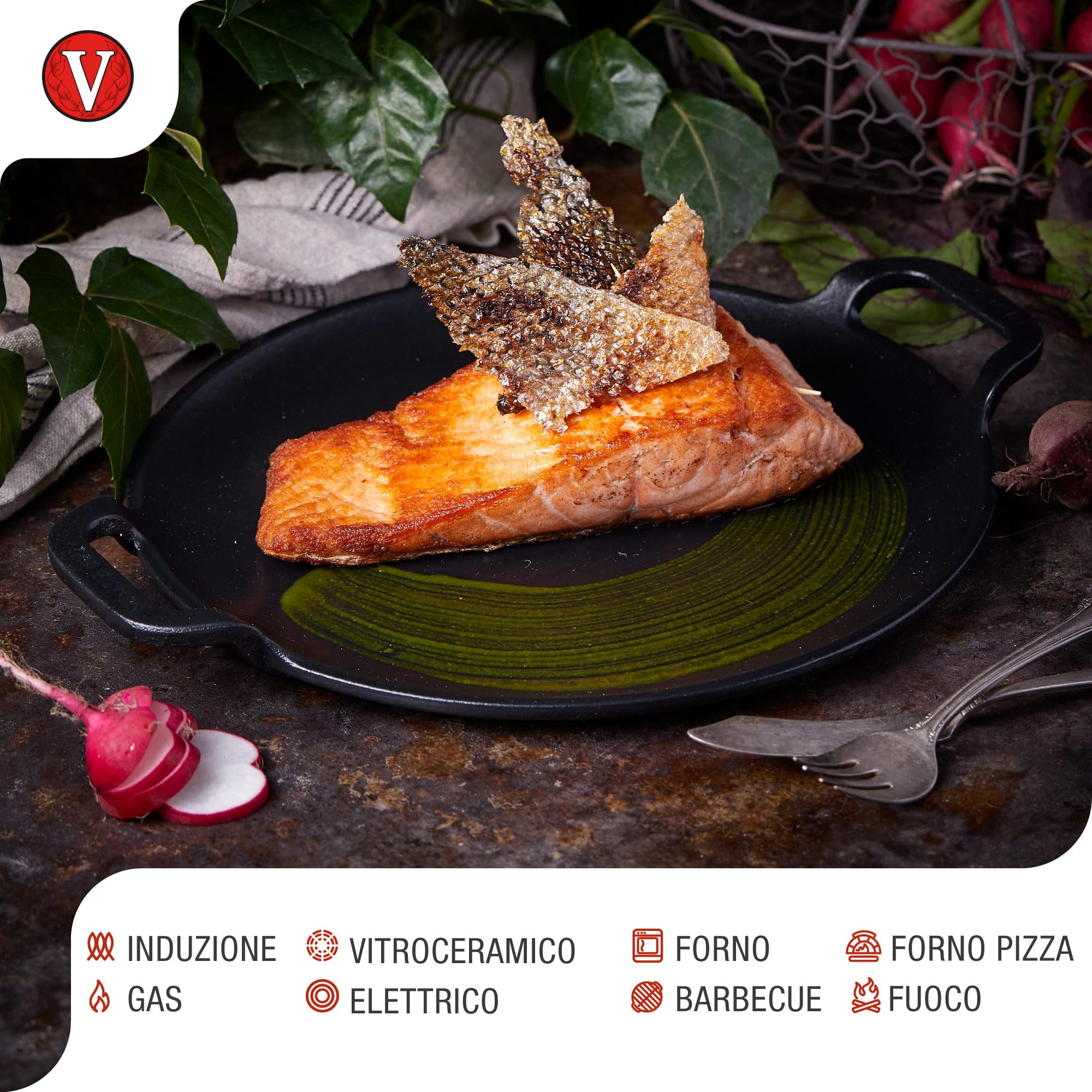 Victoria Teglia per Pizza Ghisa Smaltata, Induzione Piastra per Grigliare 25cm con Manici per Fuoco, Barbecue, Forno, Vetroceramica, Gas, Comal Priva di Sostanze Tossiche e senza PTFE