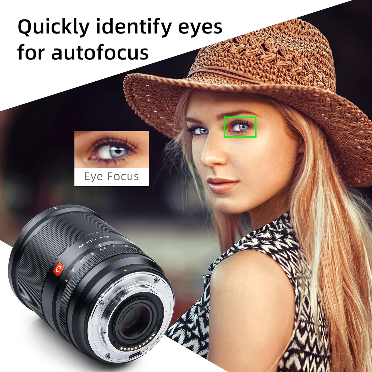 Image demonstrating eye autofocus feature with a green box around a subject's eye