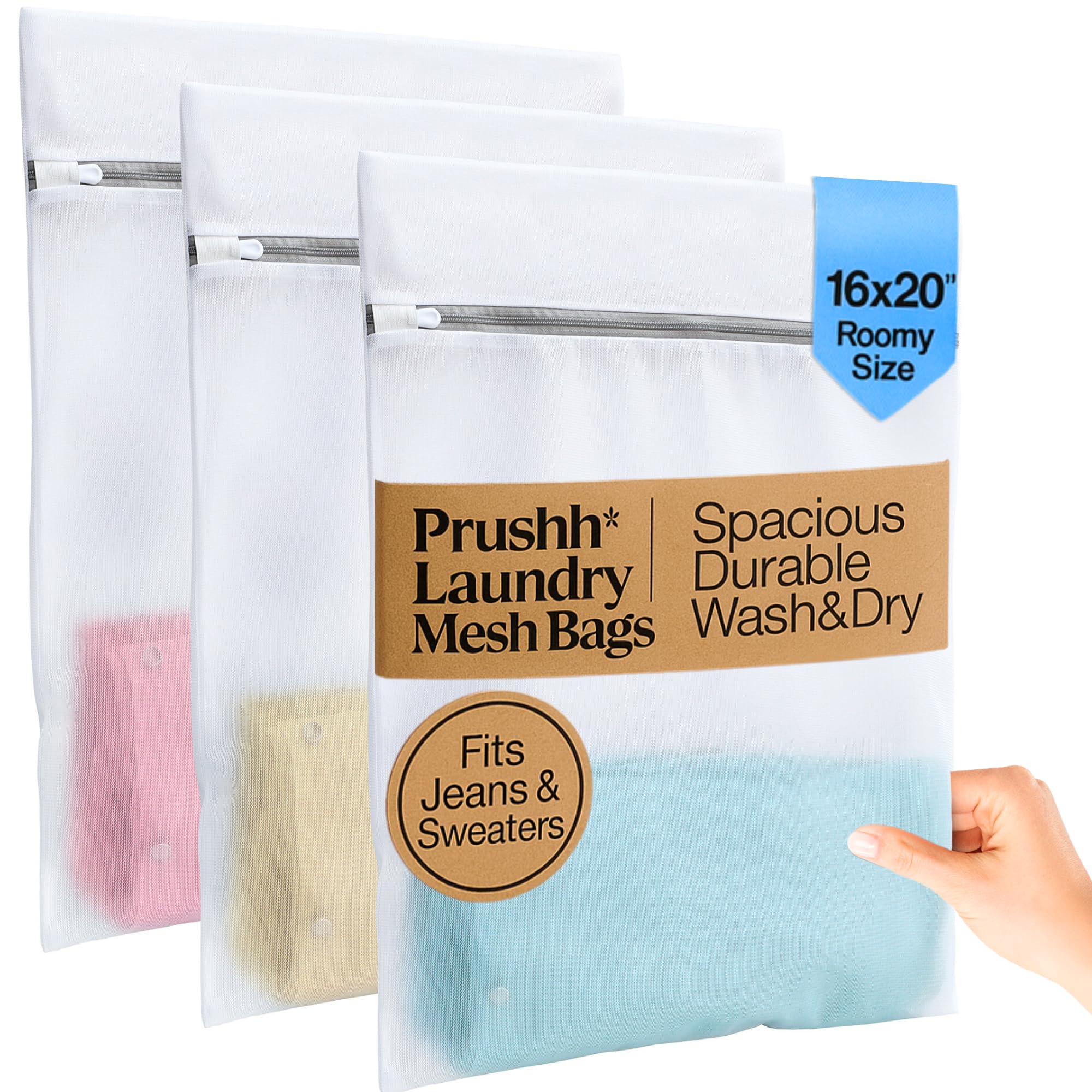 3Pc Spacious Durable Mesh Laundry Bags 16x20 Inches Protects Delicates Fine Mesh for Uniform Wash Dry Auto-Lock Zipper