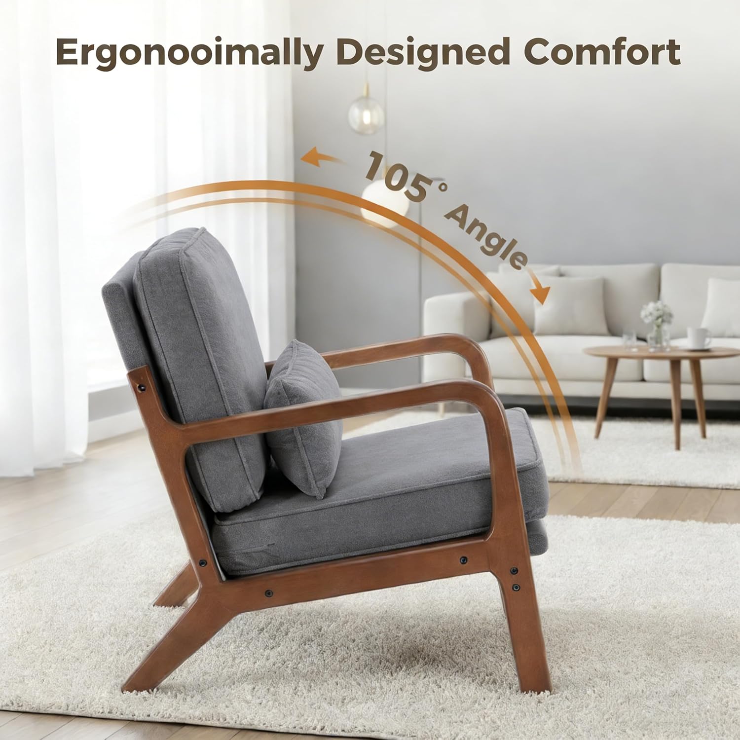 Simple Deluxe Mid-Century Modern Wood Accent Chair & Cozy Reading Chair, Upholstered Living Room Chair with Waist Cushion, Solid Wood Chair with Pillow for Bedroom, Grey