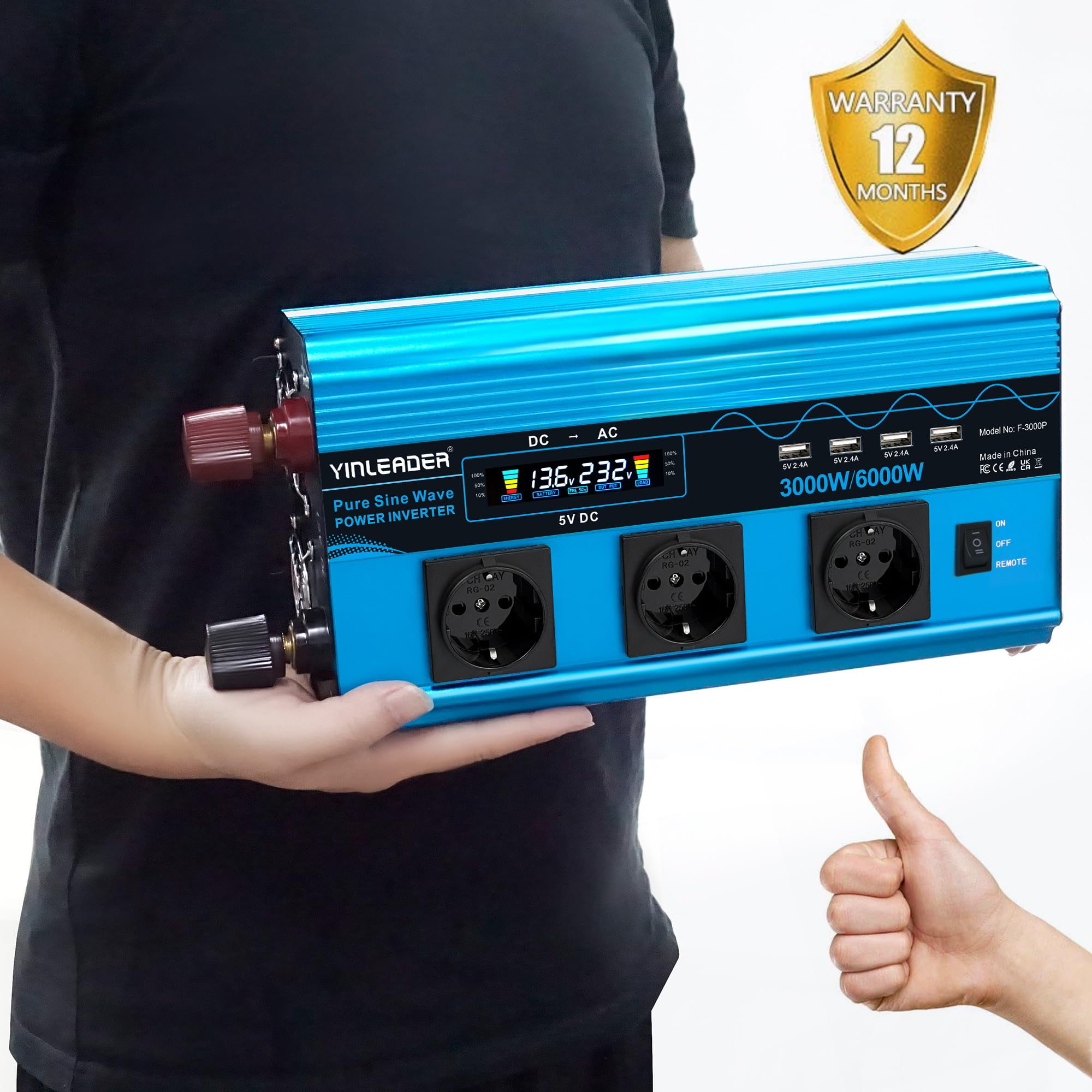 Yinleader Convertisseur 12v 220v Pur Sinus 3000W/6000W Onduleur Pur Sinus 3 européennes sockets et 4 Ports USB LCD Affichage de la Tension (avec télécommande)
