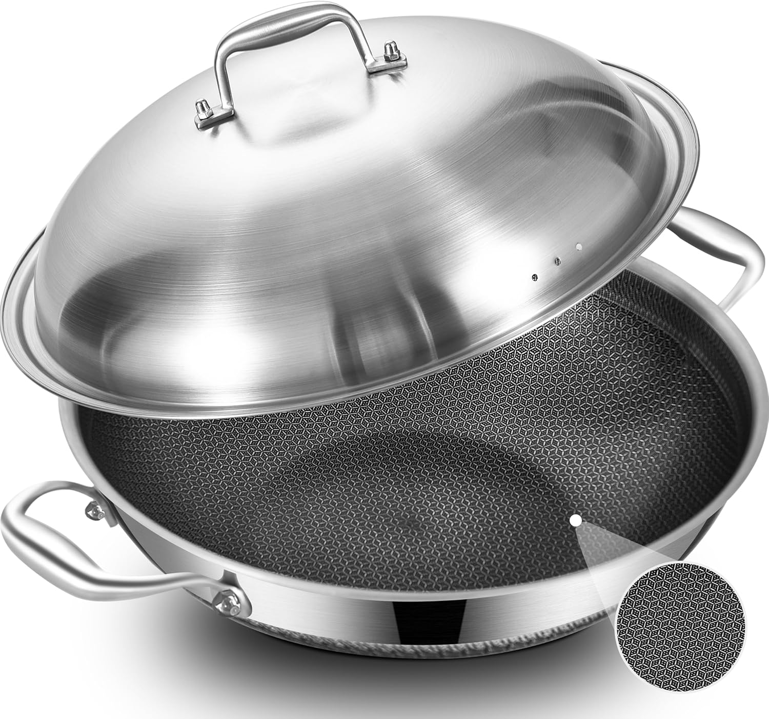 LOLYKITCH 14.5 Inch Hybrid Ceramic Nonstick Stainless Steel Wok Pan with Steel Lid - Large Tri-Ply Flat Bottom Stir Fry Pan for Induction - PFOA Free, Dishwasher & Oven Safe