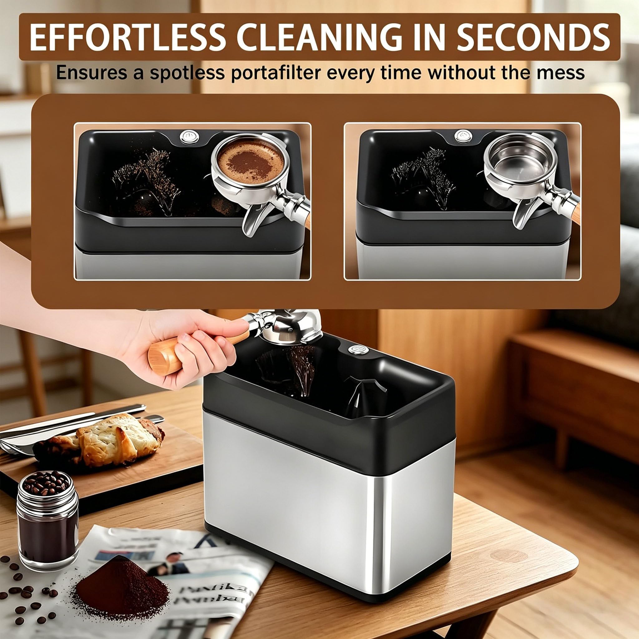 Limpiador Eléctrico de Portafiltros de Café, Limpieza Rápida en 3 Segundos, Diseño de Cabezal de Cepillo Doble, Adecuado para Cafeterías Domésticas o Comerciales Black