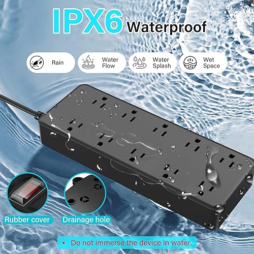 Miniatura 2 de Tira de alimentación para exteriores de 6 pies, protector de sobretensiones impermeable IPX6, 10 salidas de CA ampliamente espaciadas, cable de