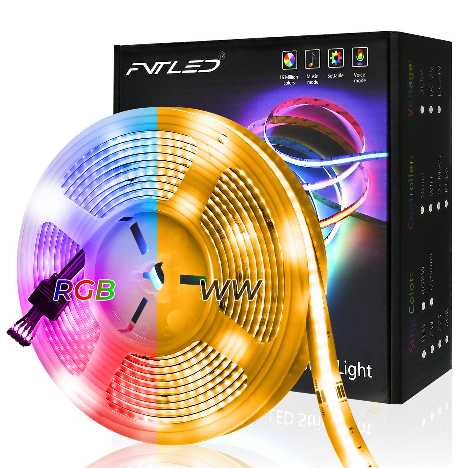 10M Wifi 24V COB Striscia LED RGB+Bianco caldo Senza alimentazione elettrica, 672LEDs/m Striscia LED dimmerabile Multicolore Senza alimentazione elettrica LED Nastro Striscia Luminosa LED COB Strip
