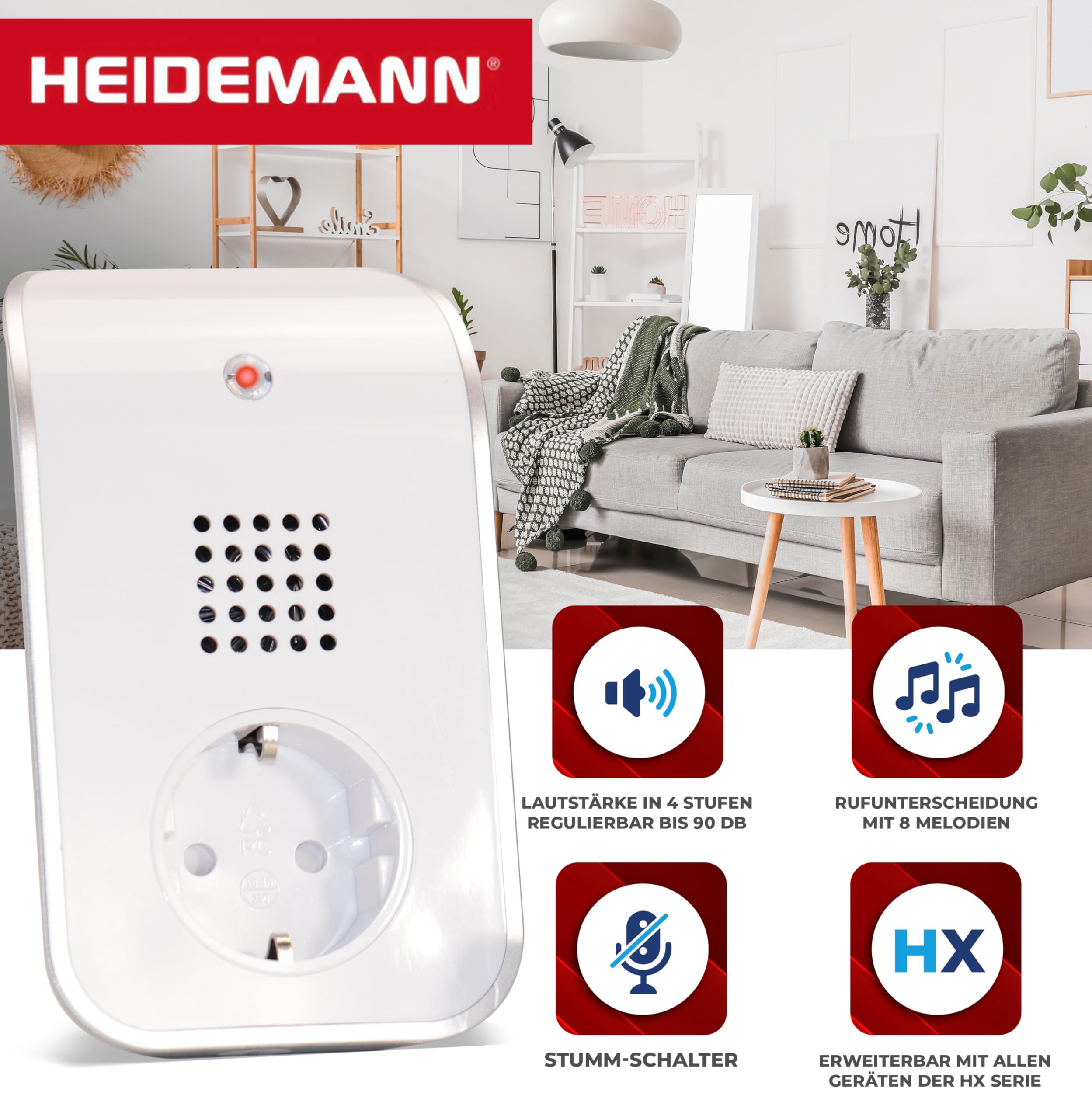 HEIDEMANN Funkklingel Set HX Curve - Erweiterbare Klingel mit Steckdosenanschluss - Funk Klingel - inkl. Sender & Empfänger - HX Türklingel -weiß